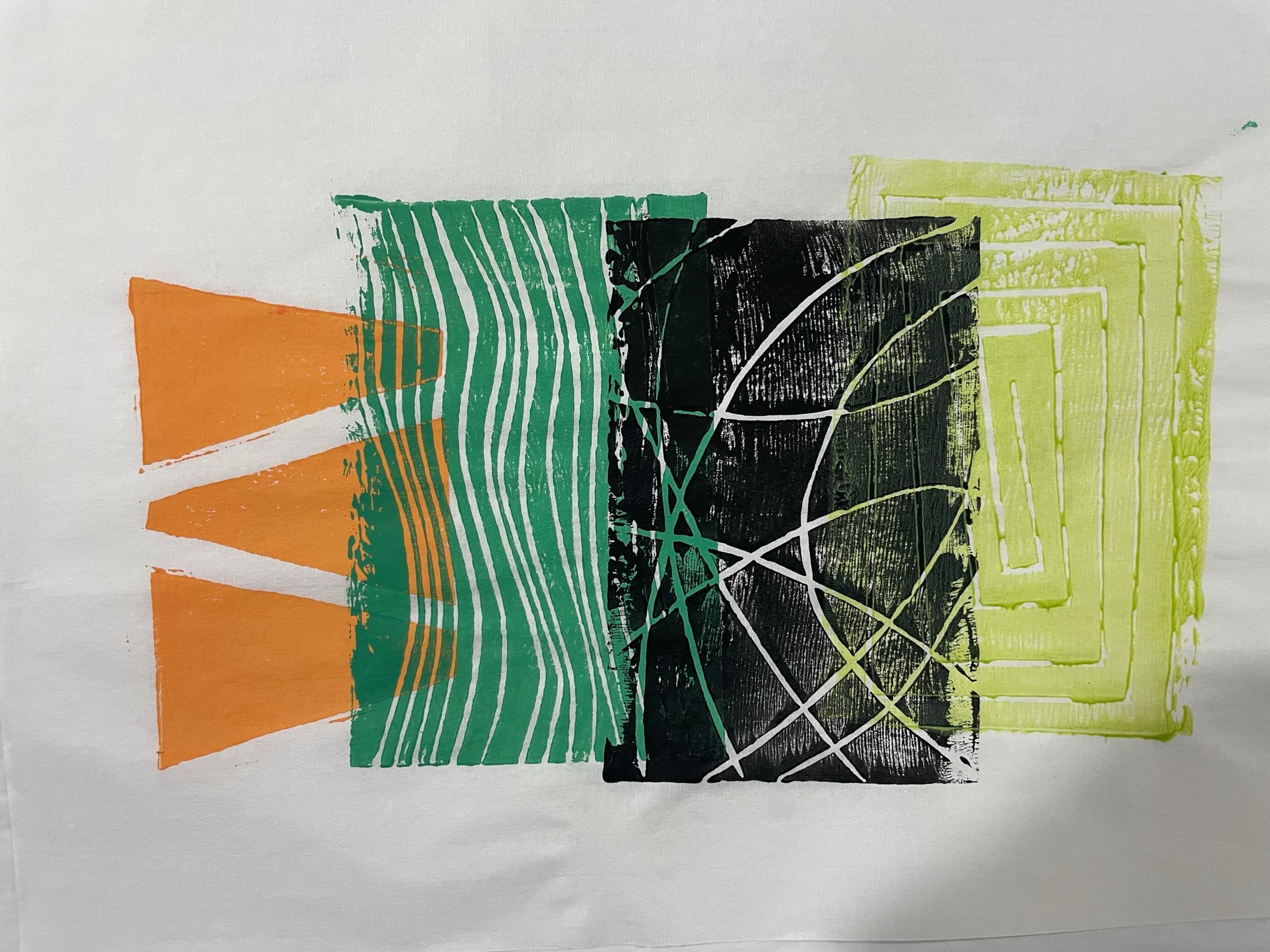 A multi-block relief print on cream paper: an orange block of two vertical triangles on the left, a green block of horizontal wavy stripes overprinted with orange chevrons, a black block of wild looping line work in the center, and a chartreuse-on-white concentric rectangle block on the right — four hand-carved plates printed in sequence and intentionally misregistered.