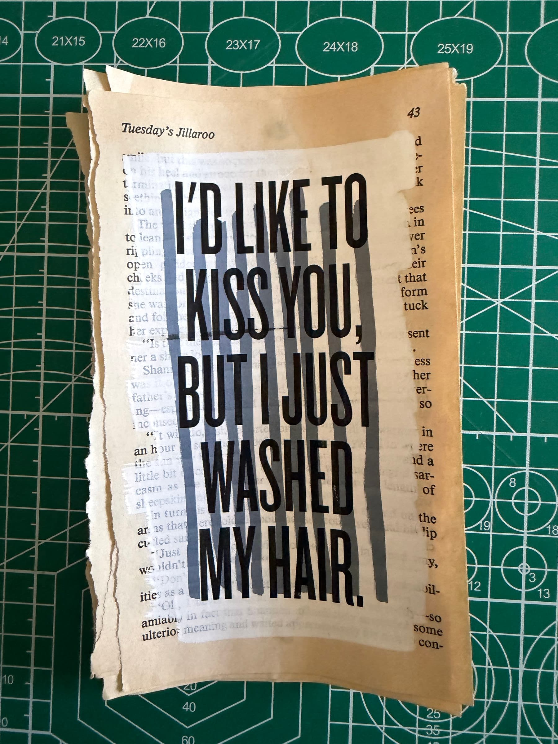 I'D LIKE TO KISS YOU, BUT I JUST WASHED MY HAIR: black display caps overprinted on a charcoal-grey color block, on a torn paperback page