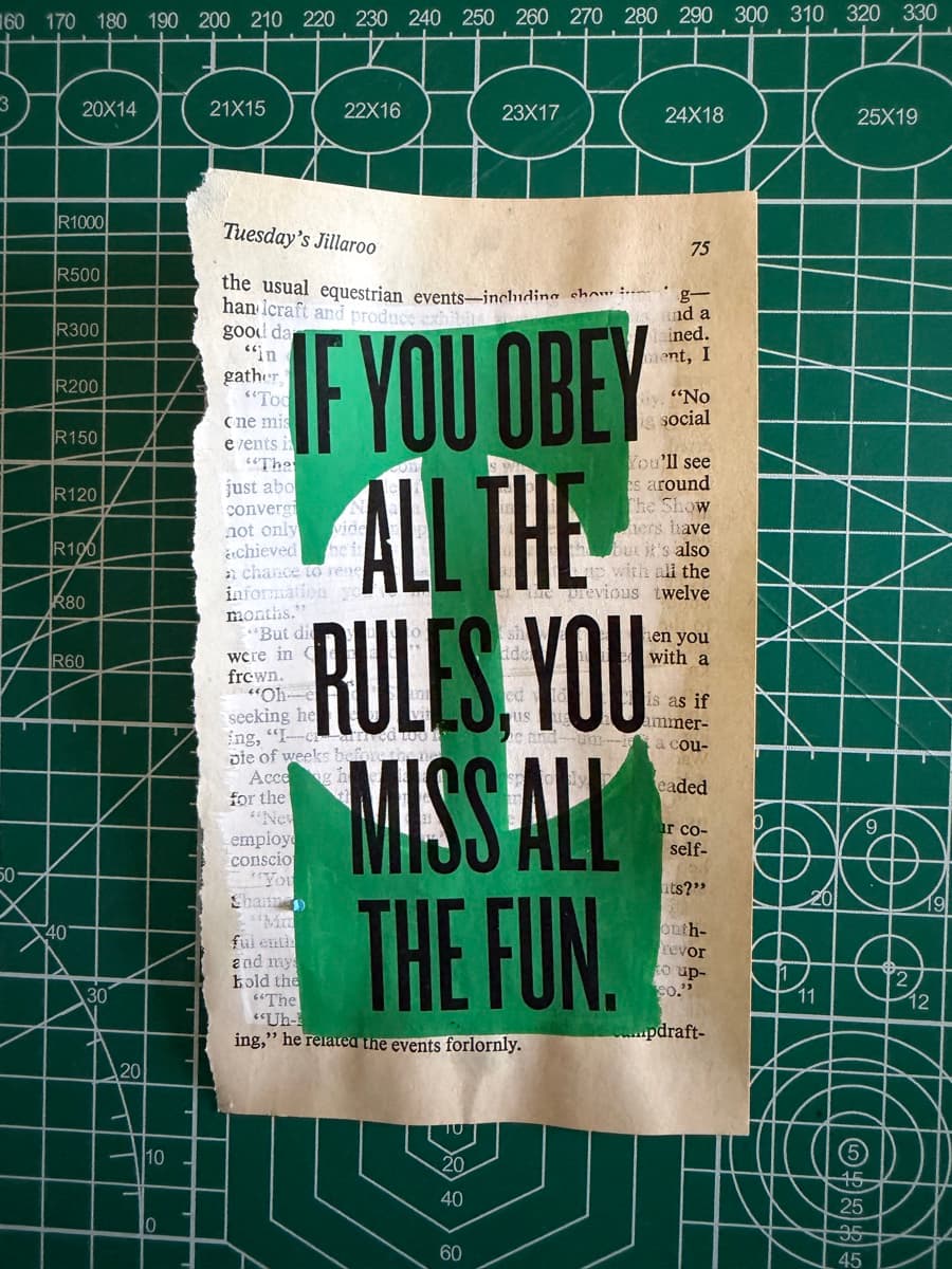 DON'T LOOK AT ME IN THAT TONE OF VOICE : over pink and blue painted blocks on a torn paperback page