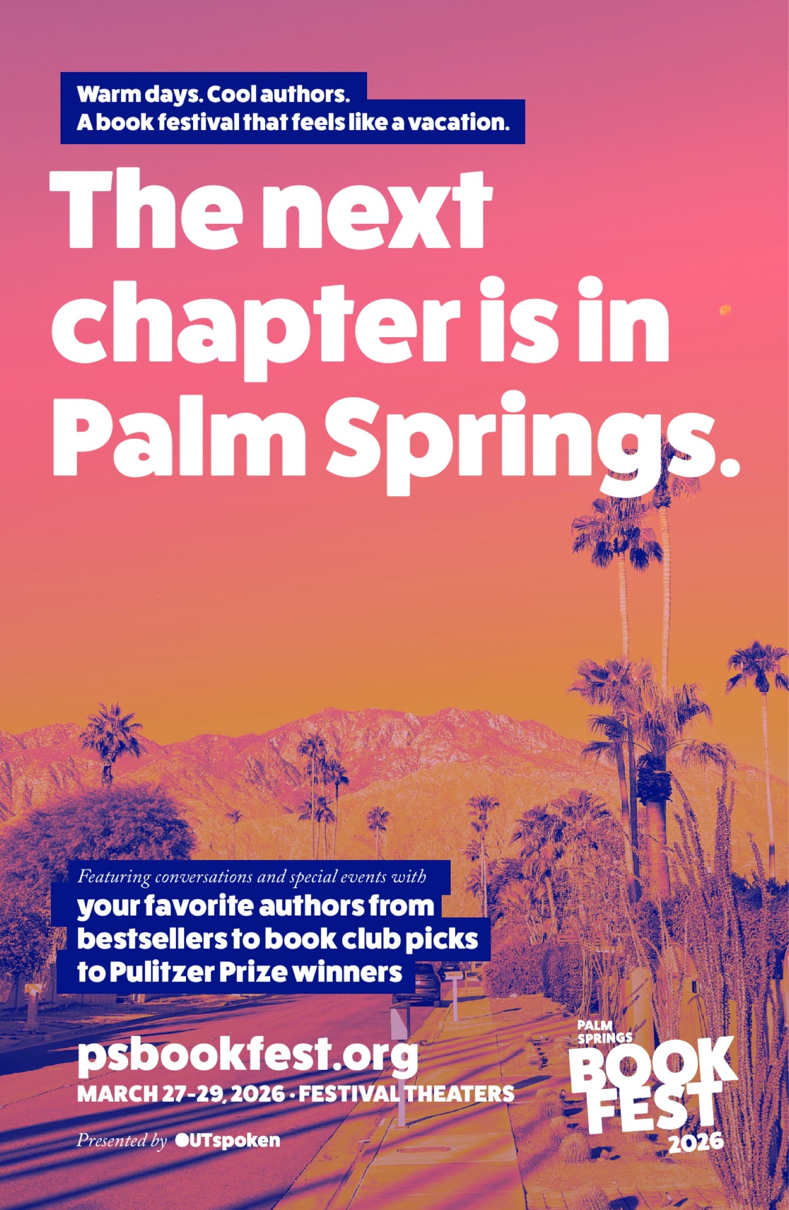 Aspen Film Festival program ad: vertical full-page placement with a dusk photograph of a Palm Springs neighborhood, palm trees and the San Jacinto mountains, Book Fest 2026 wordmark anchoring the corner