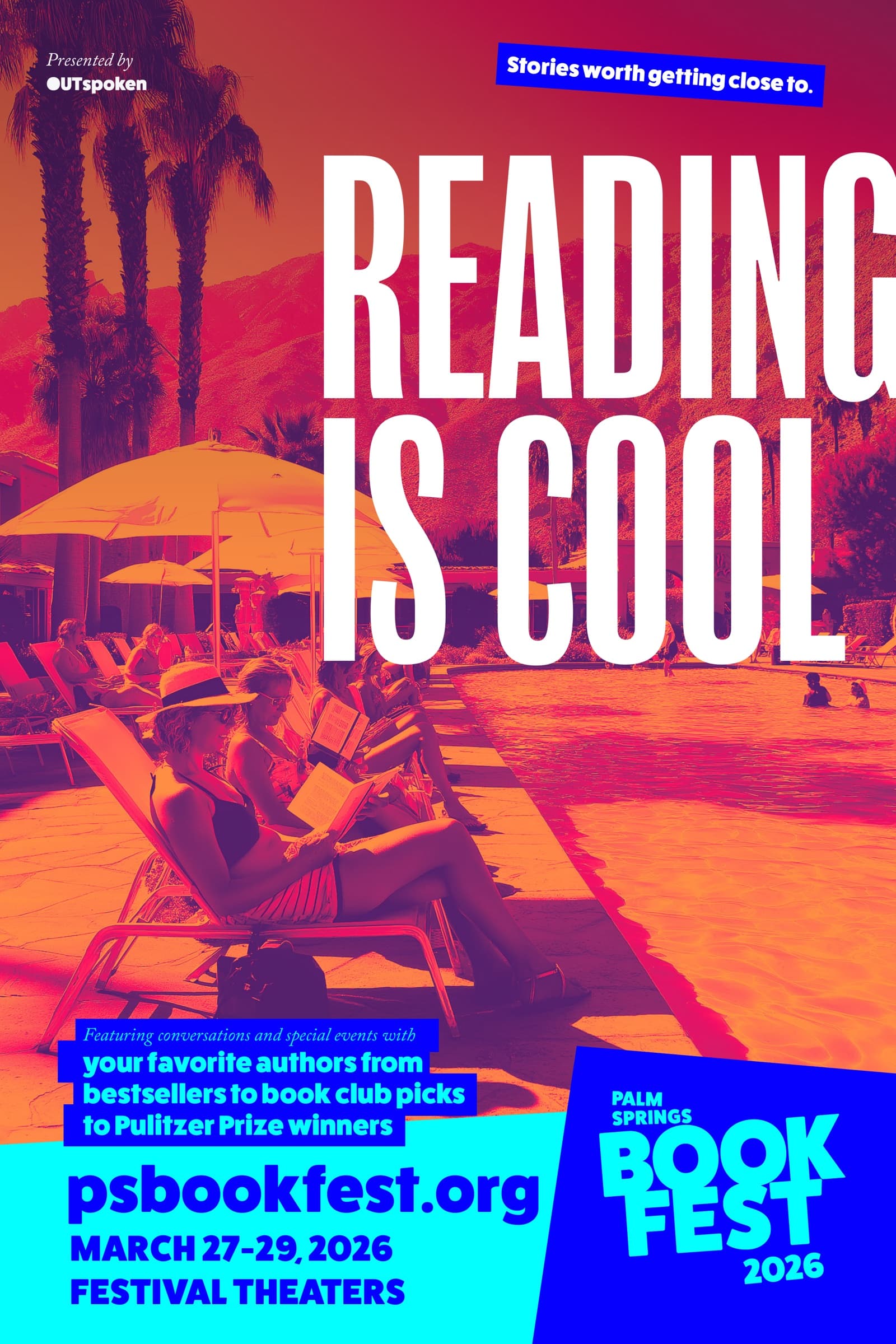 Poster five in the series: magenta and orange duotone over poolside reading photography