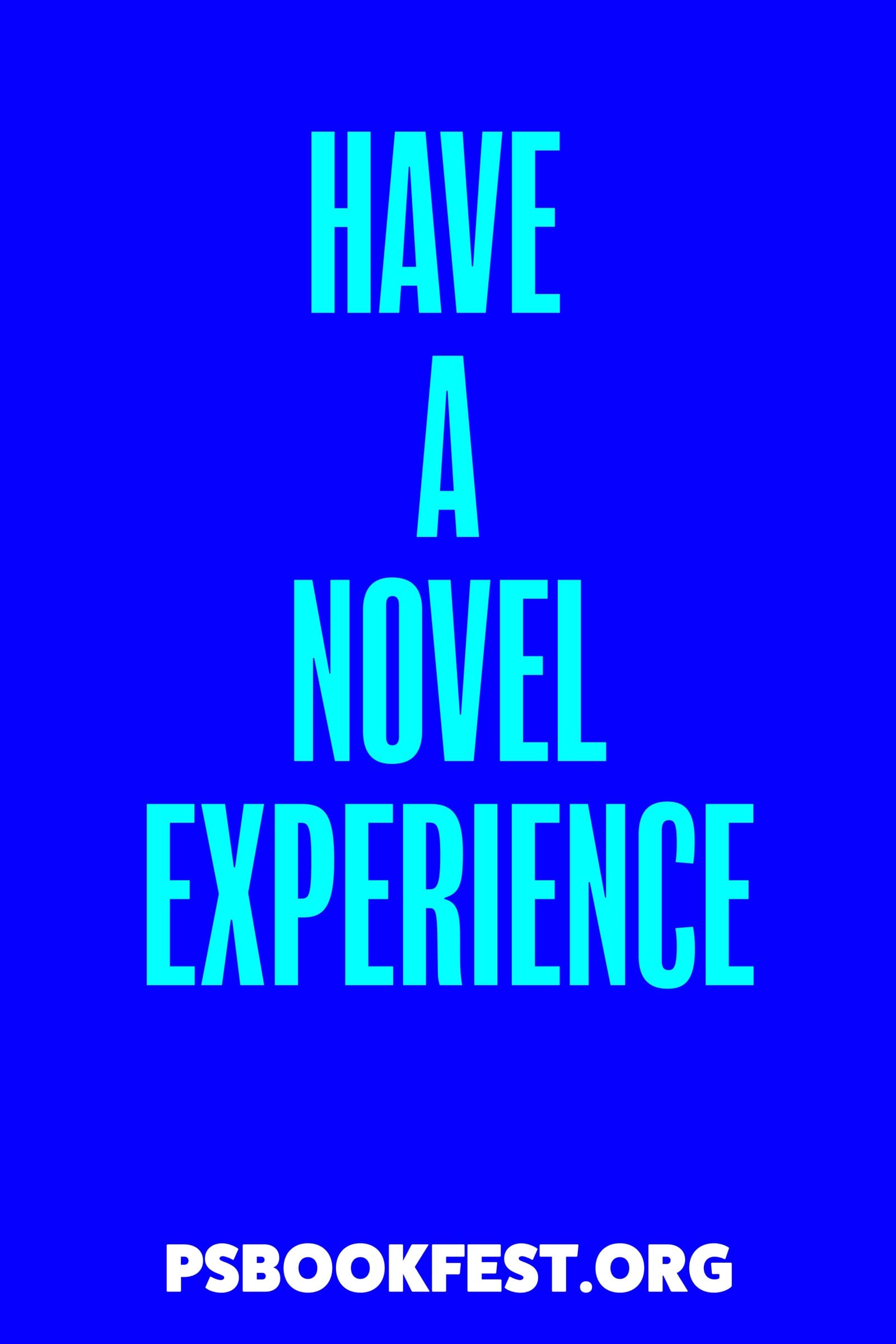 Typographic poster: bold display headline in cyan on cobalt blue, with psbookfest.org running across the bottom