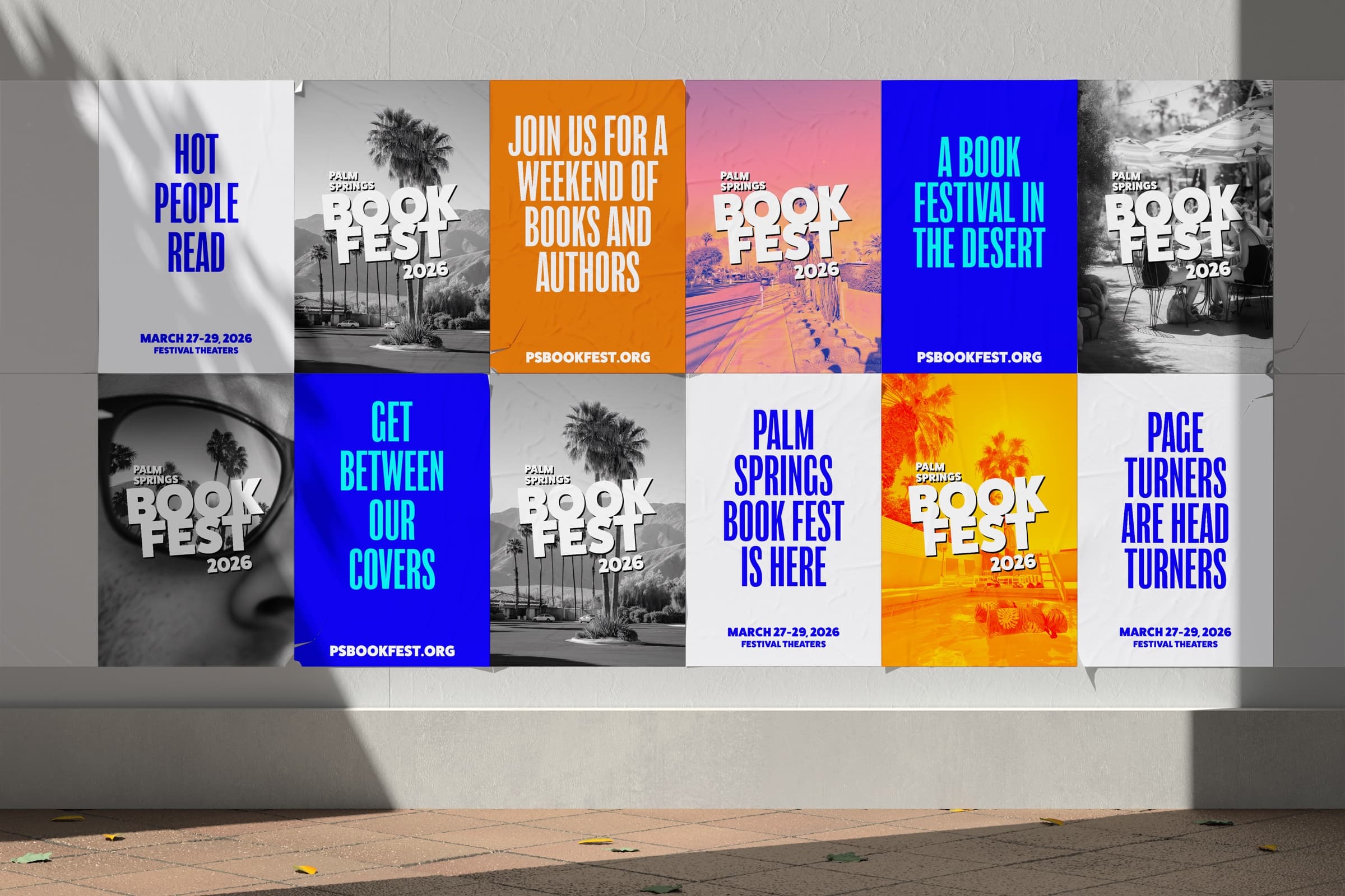 Environmental mockup of two rows of posters wheat-pasted to a wall in Palm Springs: alternating typographic and photographic halves across the wordplay set, the BOOK FEST 2026 mark anchoring each photo
