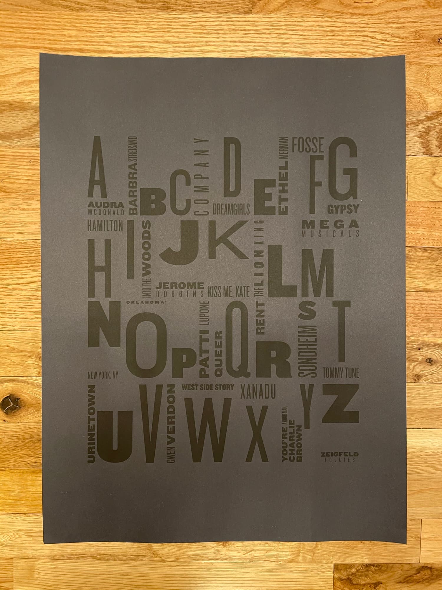 Broadway A to Z poster: every letter of the alphabet arranged in a tight typographic cluster on a charcoal ground, with each letter paired with the show, name, or word it stands for set in smaller type