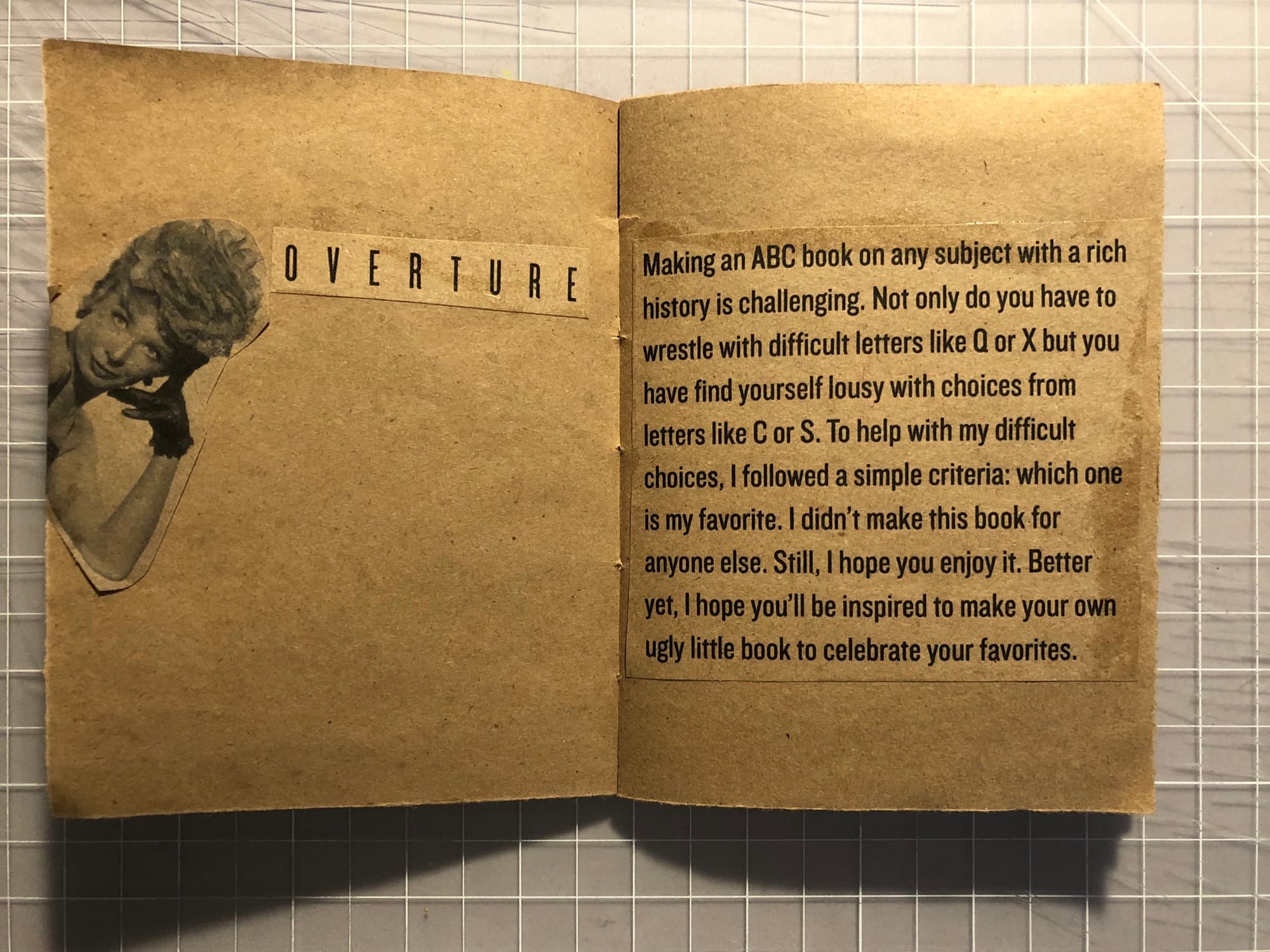 OVERTURE page from the handmade book: a vintage portrait collaged into the corner of a craft-paper spread, with a typed paragraph explaining the rules of the alphabet
