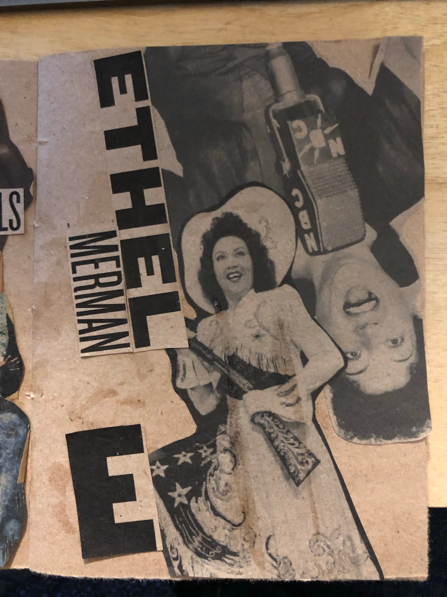 E spread: vintage photograph of Ethel Merman at an NBC microphone, with the letter E and her name set in cut-paper type