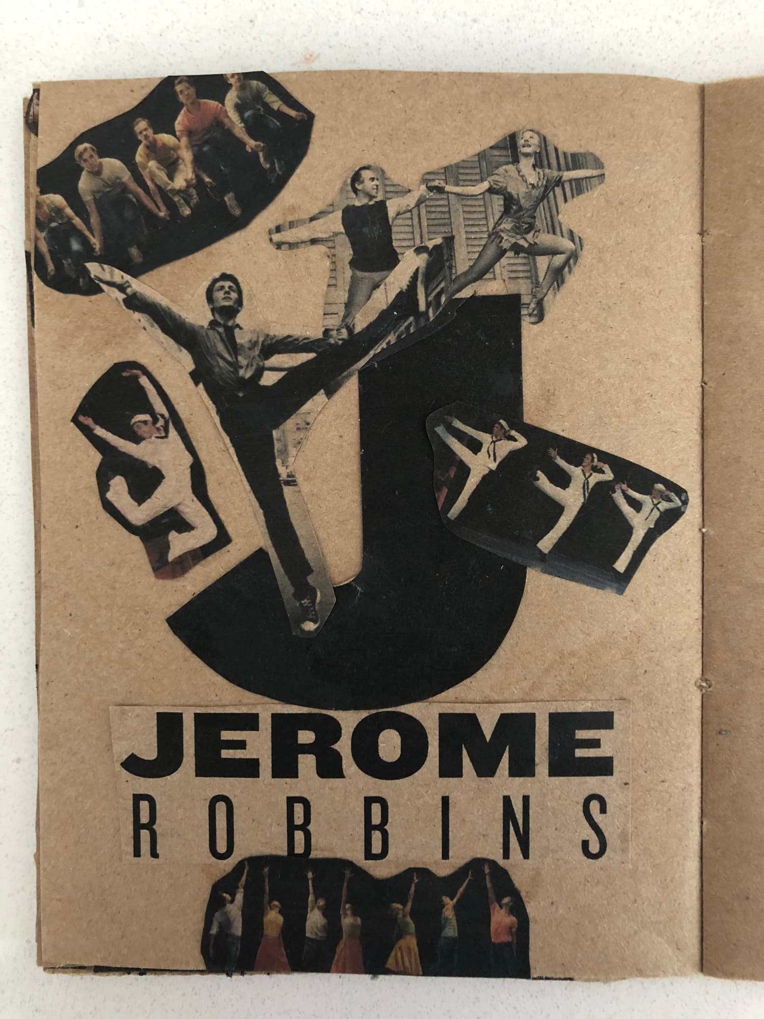 J spread: paper-doll dancers cut from old print sources arranged around a black J, with JEROME ROBBINS set in letterpress-style cuts down the side