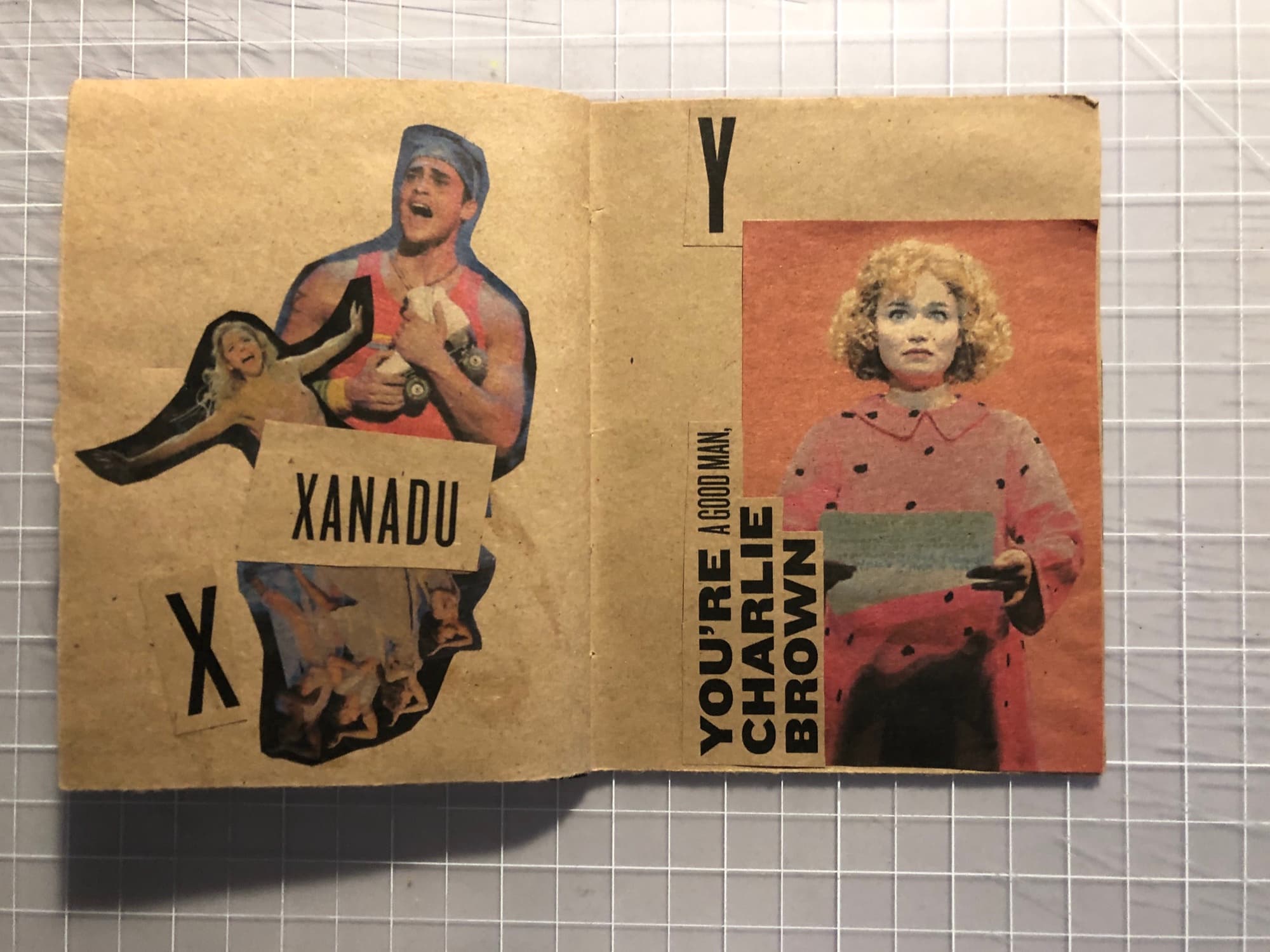 X and Y spread: a roller-skating figure cut for X with XANADU, and a Charlie Brown portrait paired with YOU'RE A GOOD MAN CHARLIE BROWN for Y