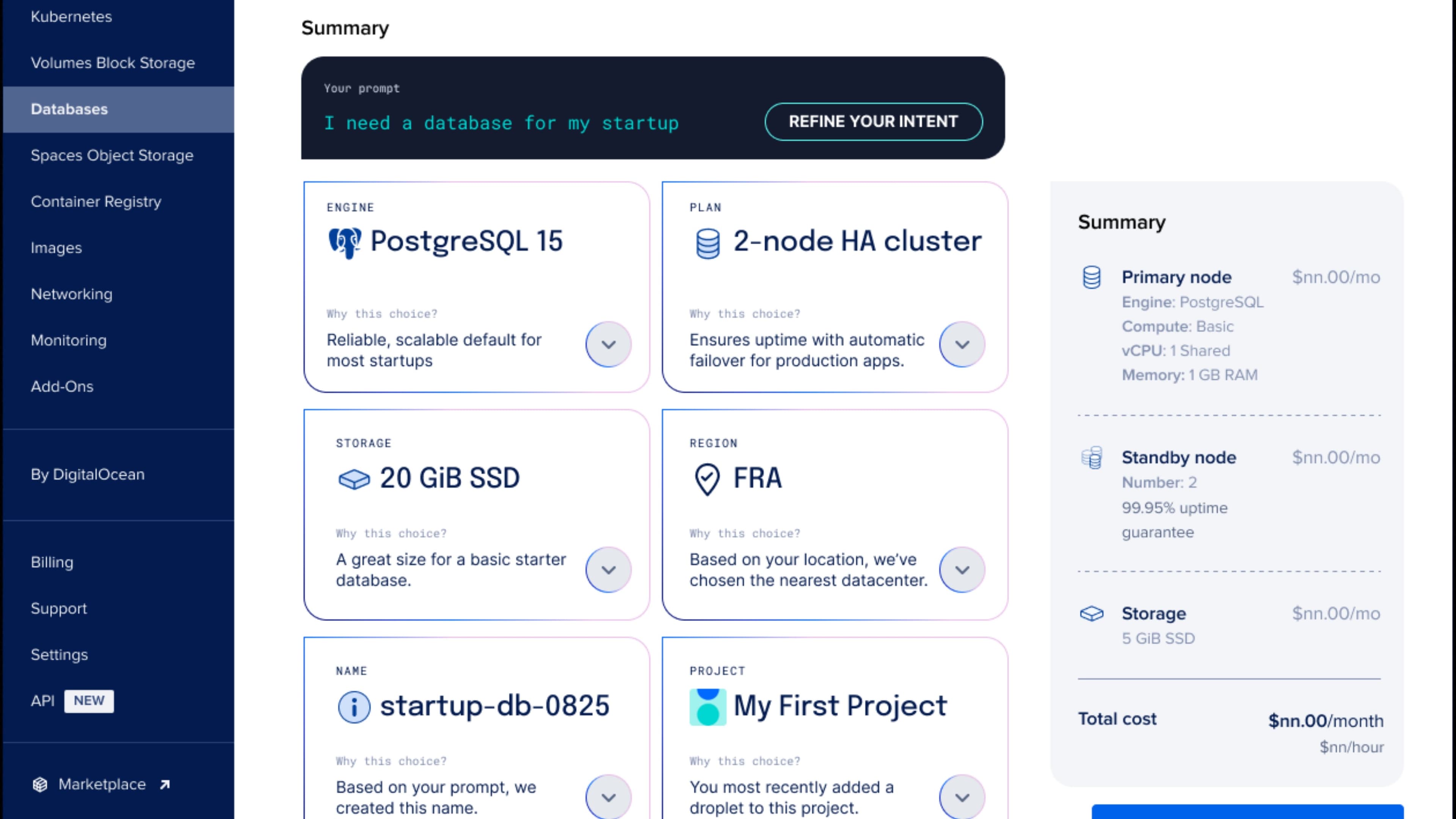 The DigitalOcean Create Database step 2: Config Preview screen. Two columns of decision cards each show a choice (PostgreSQL 15, 2-node HA cluster, 20 GiB SSD, FRA region, startup-db-0825 name, My First Project) with a 'Why this choice?' affordance and a short rationale. The right rail repeats the choices as a clean cost summary.