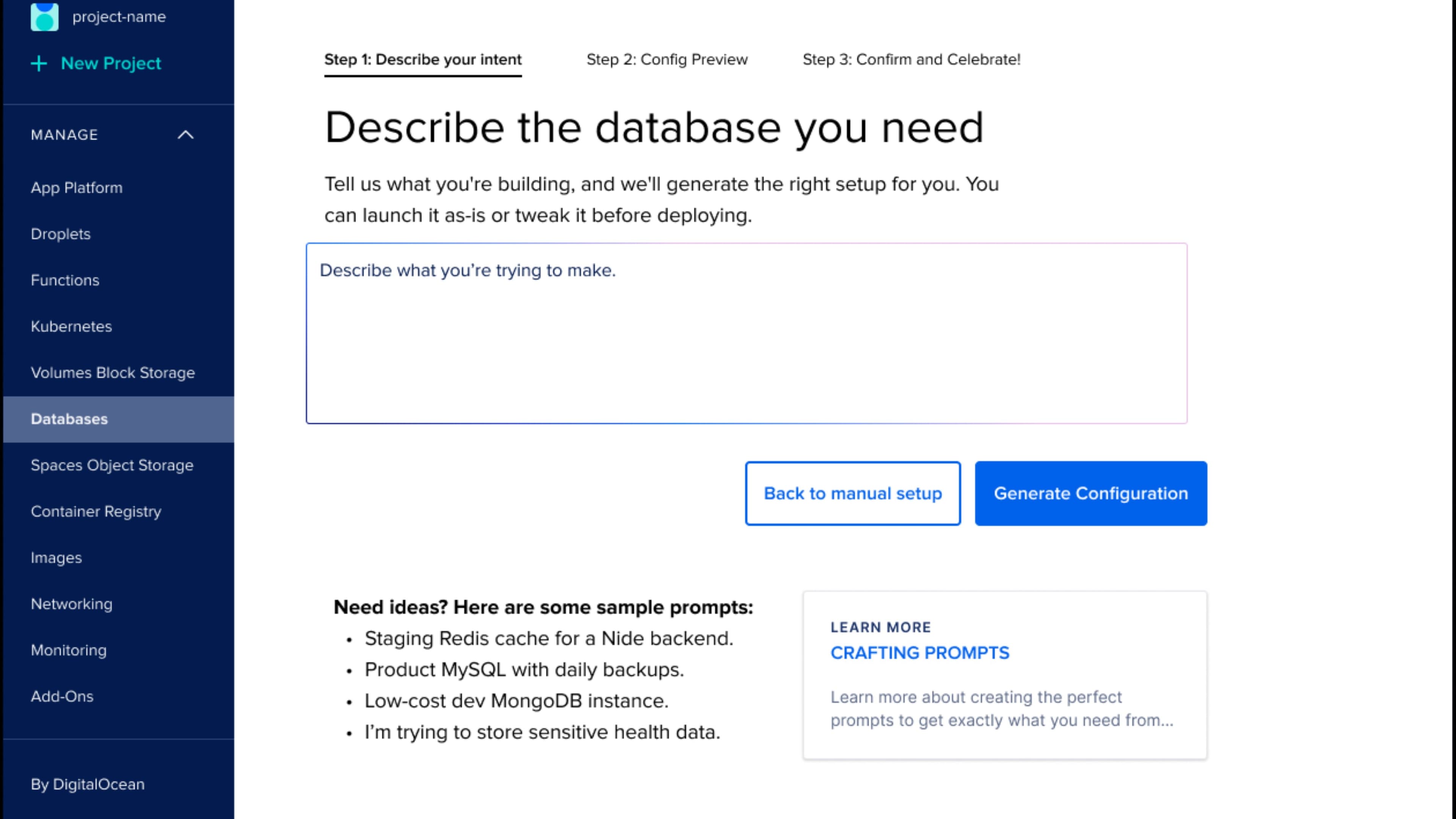 The Database Create Copilot letting a user describe the database they need in plain language instead of clicking through configuration.