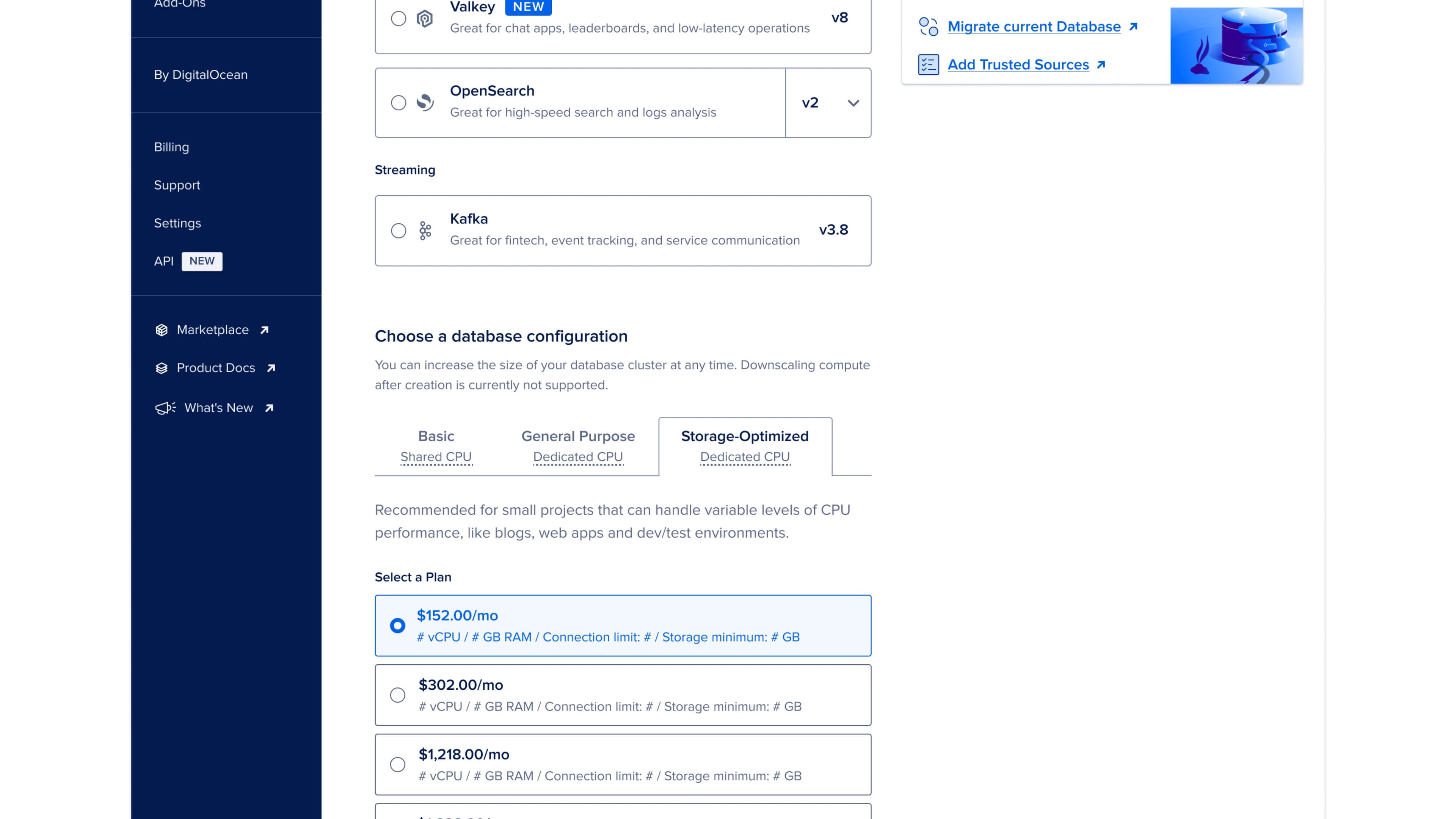 A continuation of the manual create flow showing storage tiers (Basic, General Purpose, Storage-Optimized) and a list of plan prices stacked vertically: $152/mo, $302/mo, $1,218/mo. Each plan card lists vCPU, GB RAM, connection limit, and storage minimum.