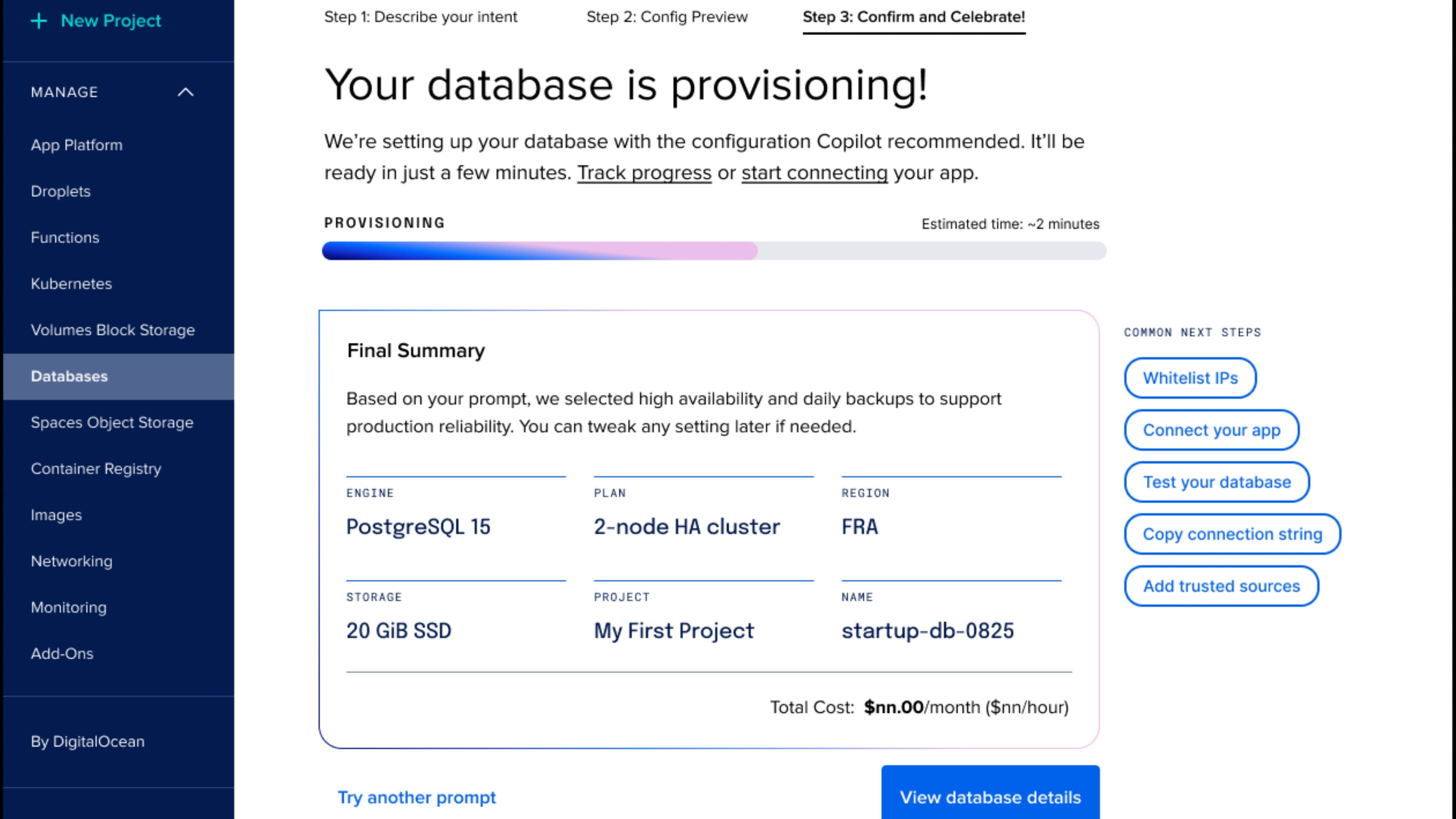 The Database Create Copilot provisioning a database from the user's described intent, with a clear summary of what it set up.