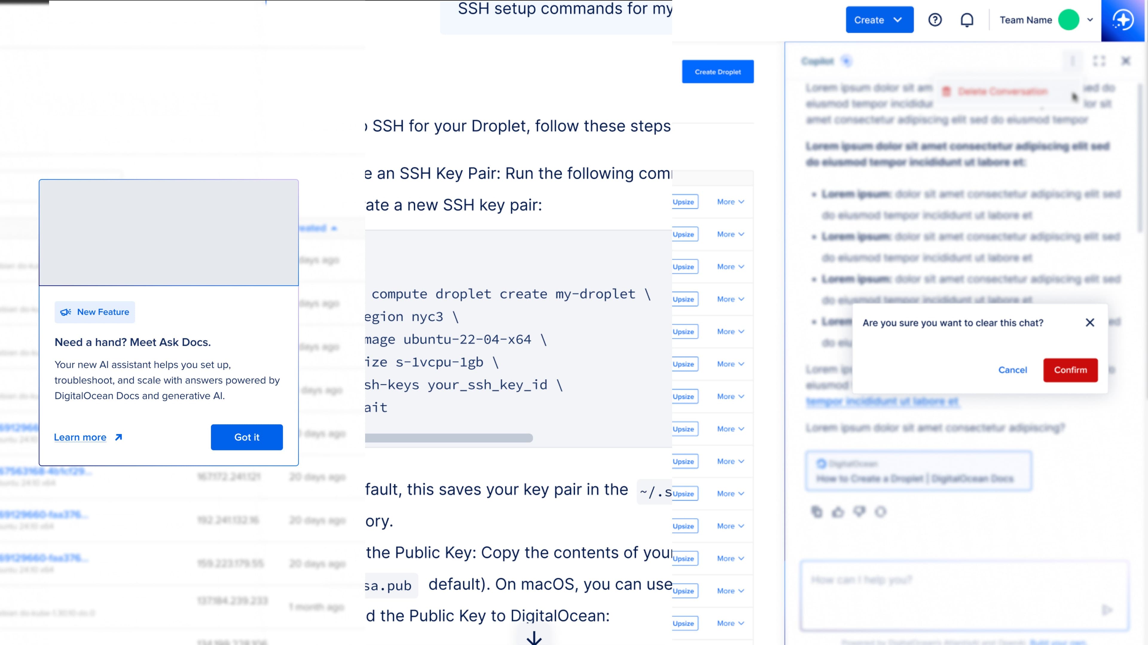 A DigitalOcean control panel surface with a popover labeled 'Need a hand? Meet Ask Docs.' explaining that the new assistant helps users set up, troubleshoot, and scale, powered by DigitalOcean Docs and generative AI. A 'Got it' confirmation button anchors the right side of the popover.