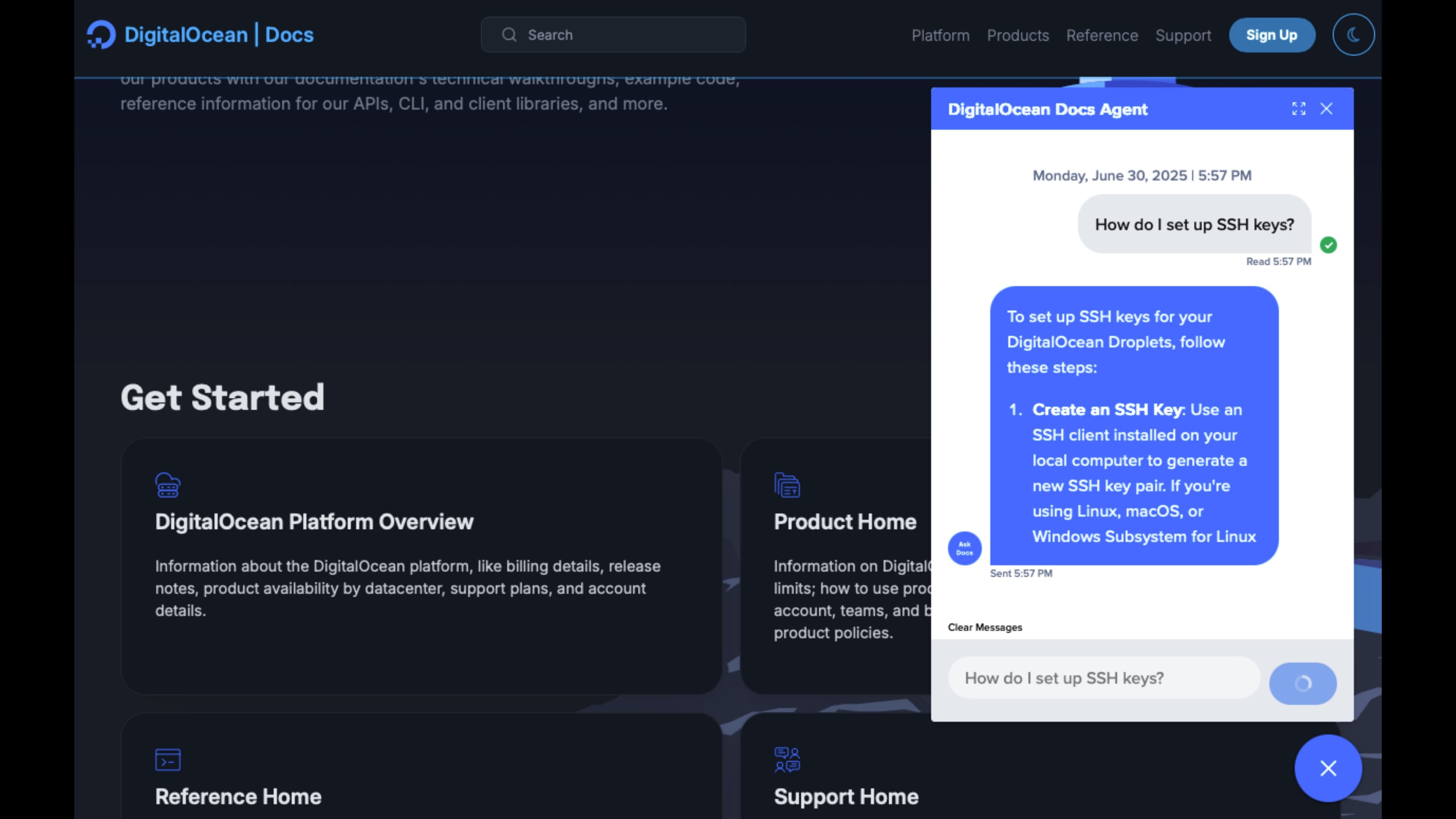 The DigitalOcean Docs site with a chat panel open in the upper right. A user has asked 'How do I set up SSH keys?' and the assistant has begun a numbered, well-formatted response with a Create an SSH Key step.