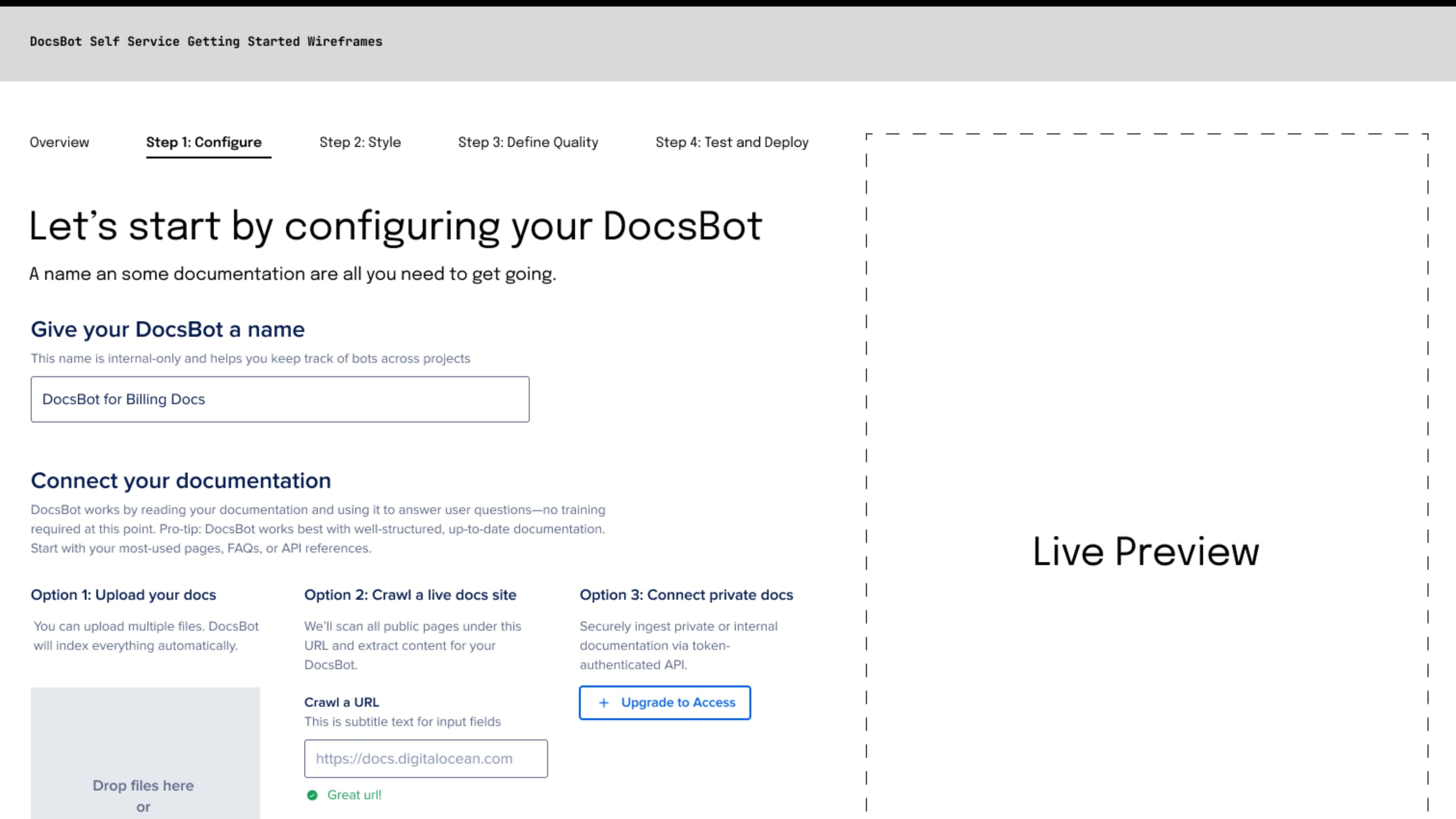 A wireframe titled 'DocsBot Self Service Getting Started Wireframes', showing Step 1 Configure. The user is asked to give their DocsBot a name and connect their documentation through three options: upload files, crawl a live docs site, or connect private docs via token.