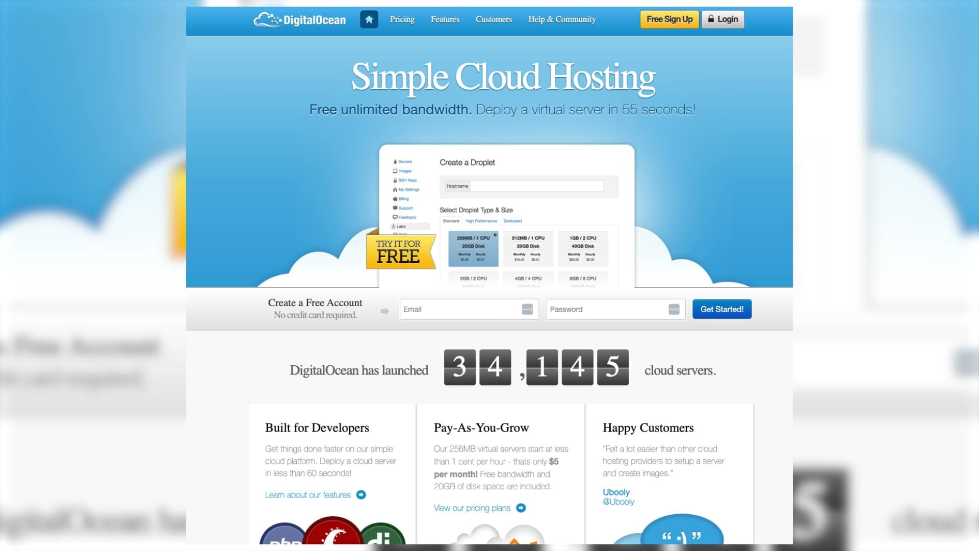 The original DigitalOcean homepage circa launch: 'Simple Cloud Hosting, Free unlimited bandwidth, Deploy a virtual server in 55 seconds,' with the early Create-a-Droplet form floating above a flat illustration of clouds