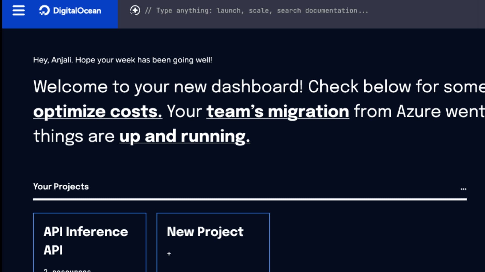A warm, human DigitalOcean product moment greeting a customer, designed to make a powerful platform feel personal.