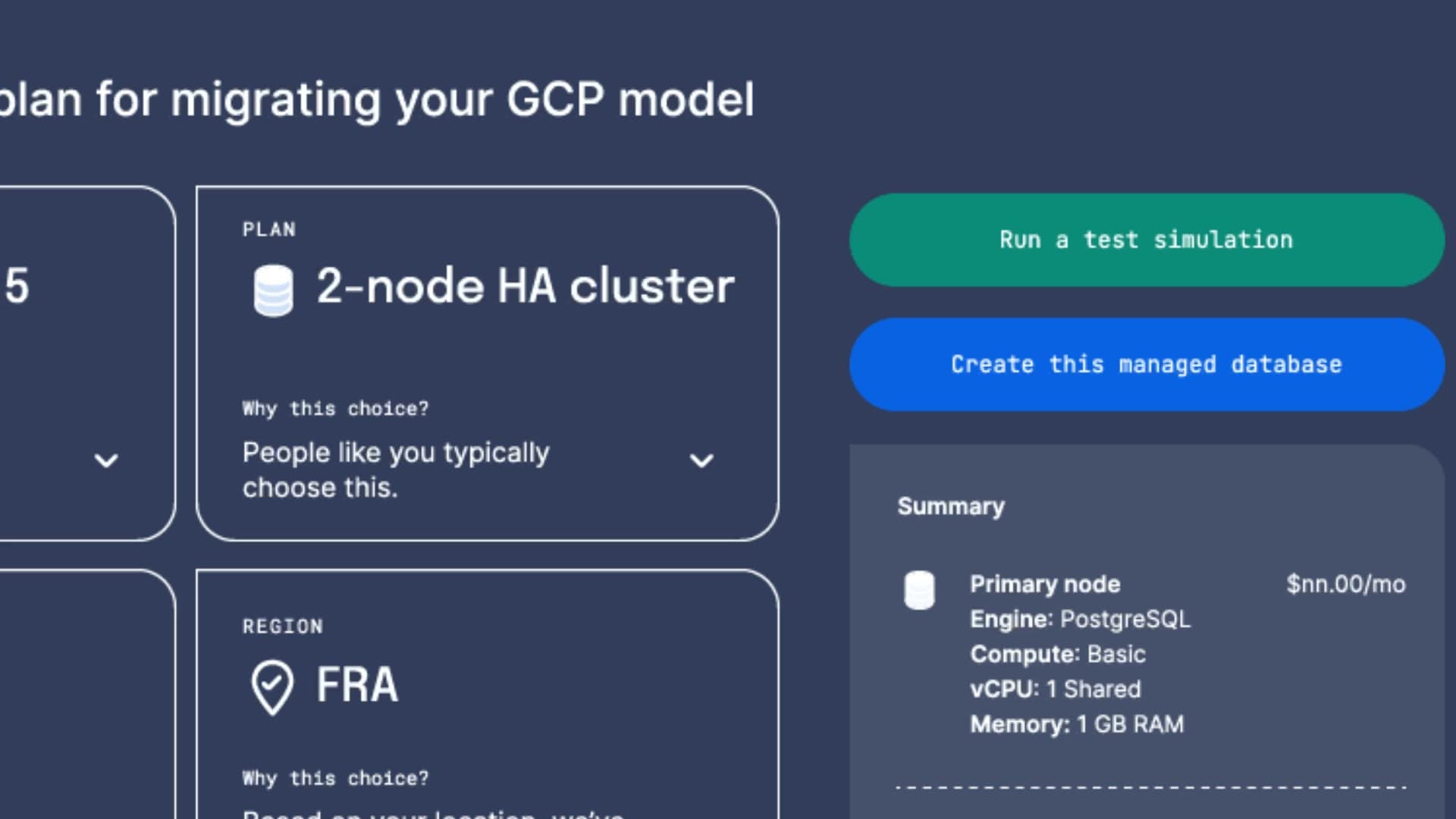 An AI-generated migration plan: a 2-node HA cluster card with 'Why this choice? People like you typically choose this,' a region card showing FRA, and two large buttons reading Run a test simulation and Create this managed database, with a summary listing engine, vCPU, and memory
