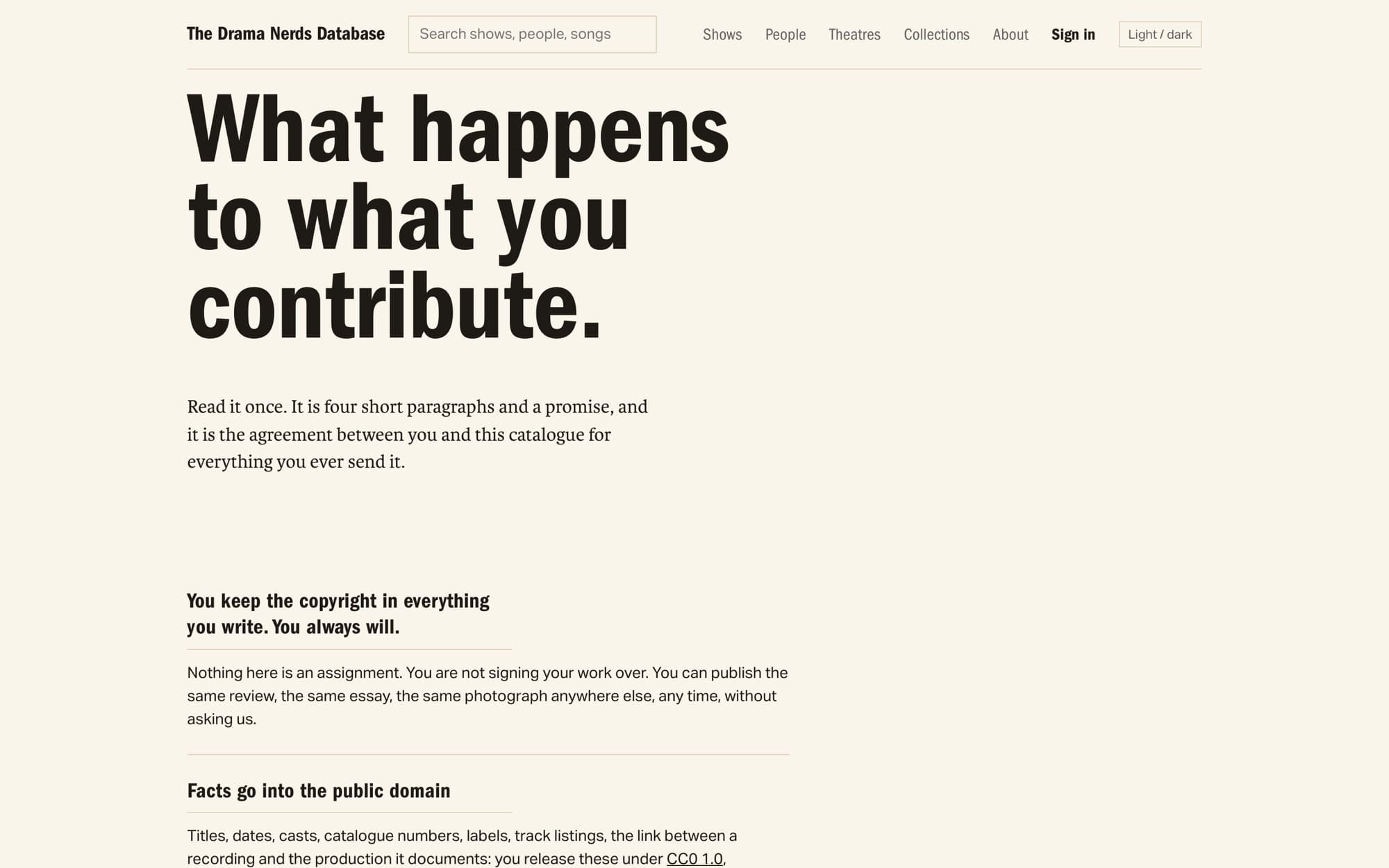 The contributor licence page at dramanerds.com/licence, set in the same cream and black typography as the catalogue, with the terms a contributor accepts before proposing an edit.