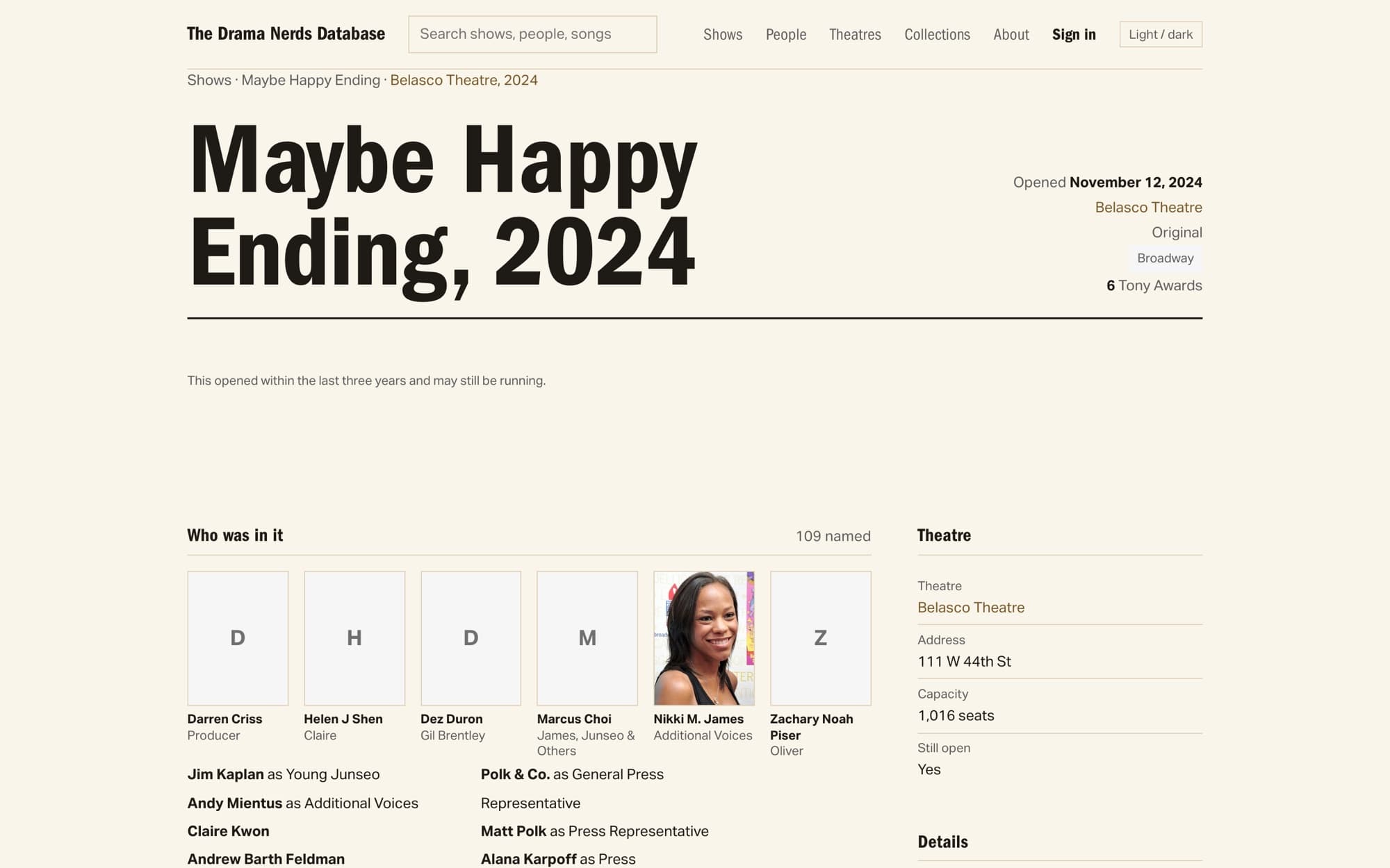 A production page for Maybe Happy Ending, 2024: the opening date, the Belasco Theatre, six Tony Awards, a 'Who was in it' grid of 109 named cast and crew with portraits where one exists, and a theatre panel with address and capacity.