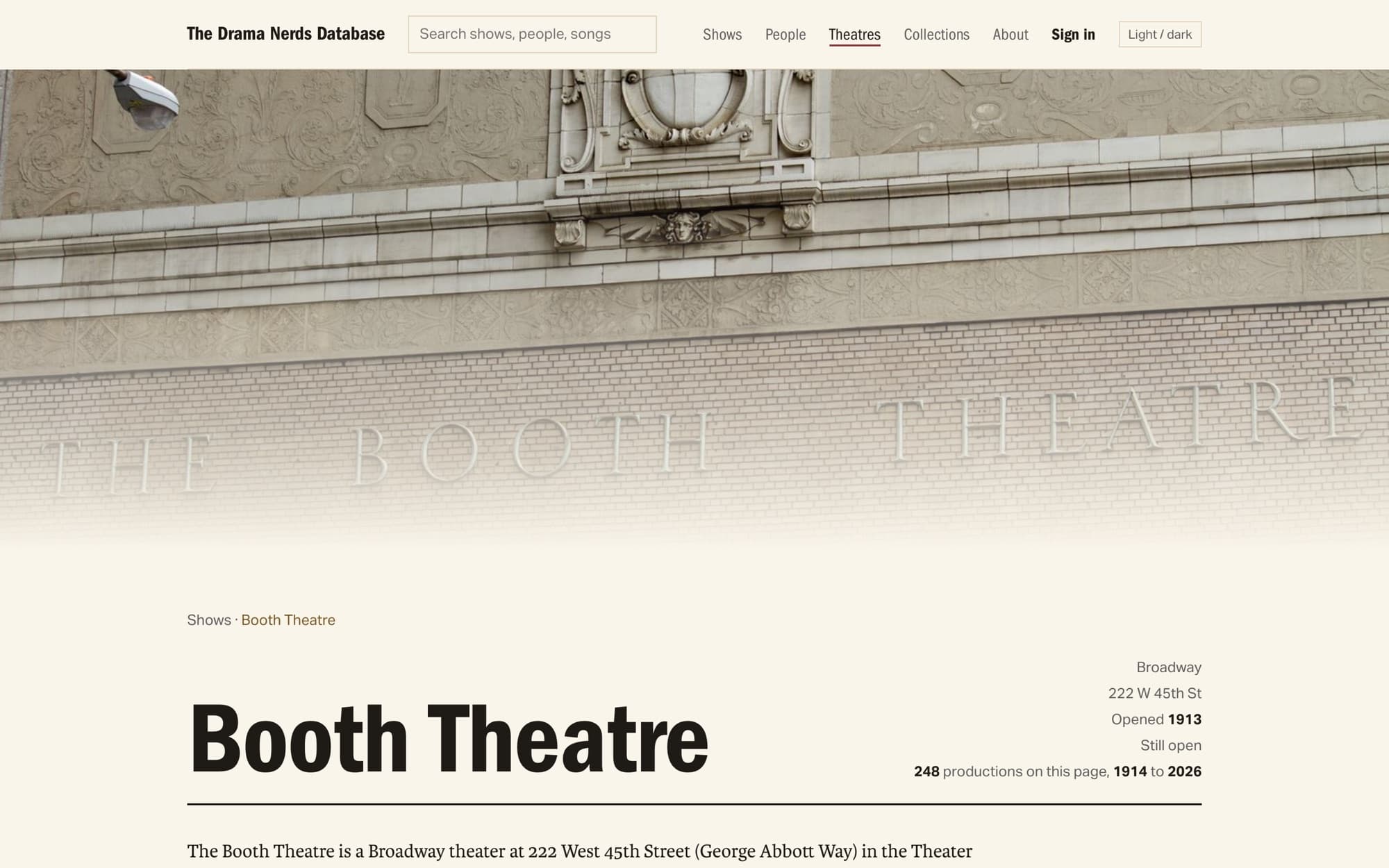 The Booth Theatre page: the venue's name set large, its address and capacity, and a chronological list of every production that played there, each linking to its own record.