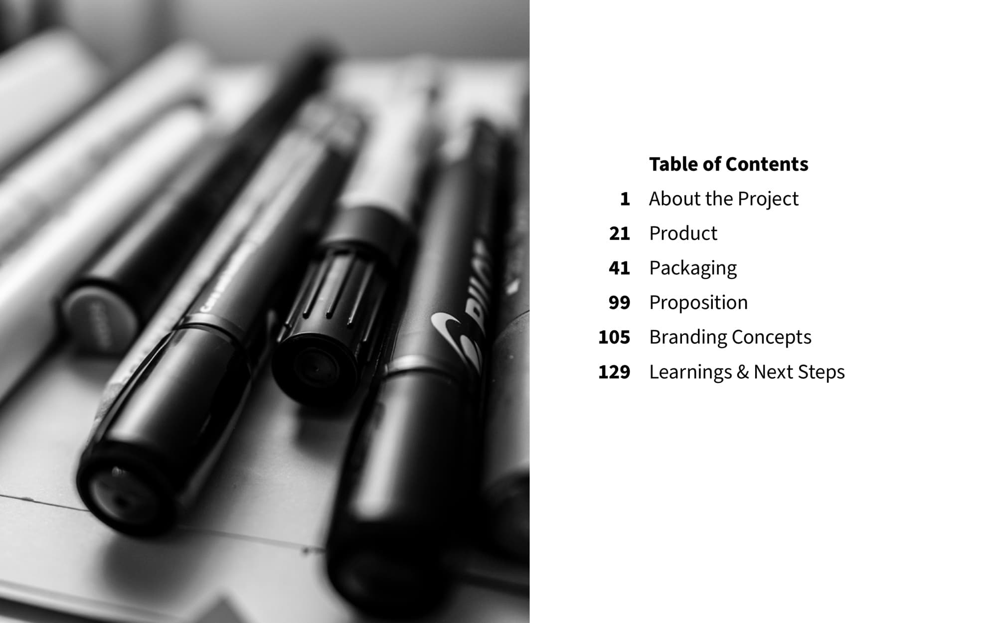 Table of Contents spread: a black-and-white photograph of designer markers fills the left page, a clean two-column TOC sits on the right with bold page numbers and an editorial type stack