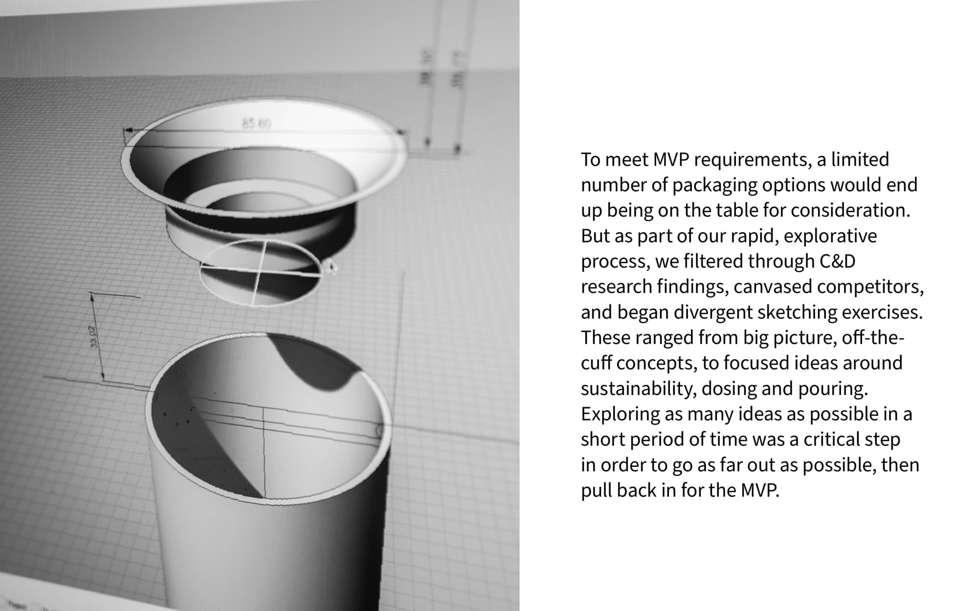 A spread on MVP requirements: a CAD render of two canister forms on the left with millimeter dimensions called out, a single column of body copy on the right