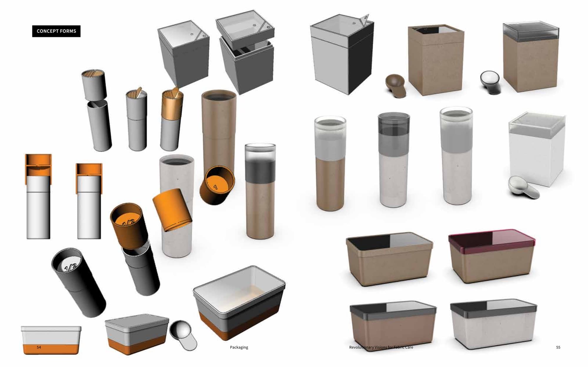 Concept Forms grid: dozens of early packaging concepts laid out on a clean white field, from kraft tubes to translucent bowls to hard-edge cubes, every option explored before the family was chosen
