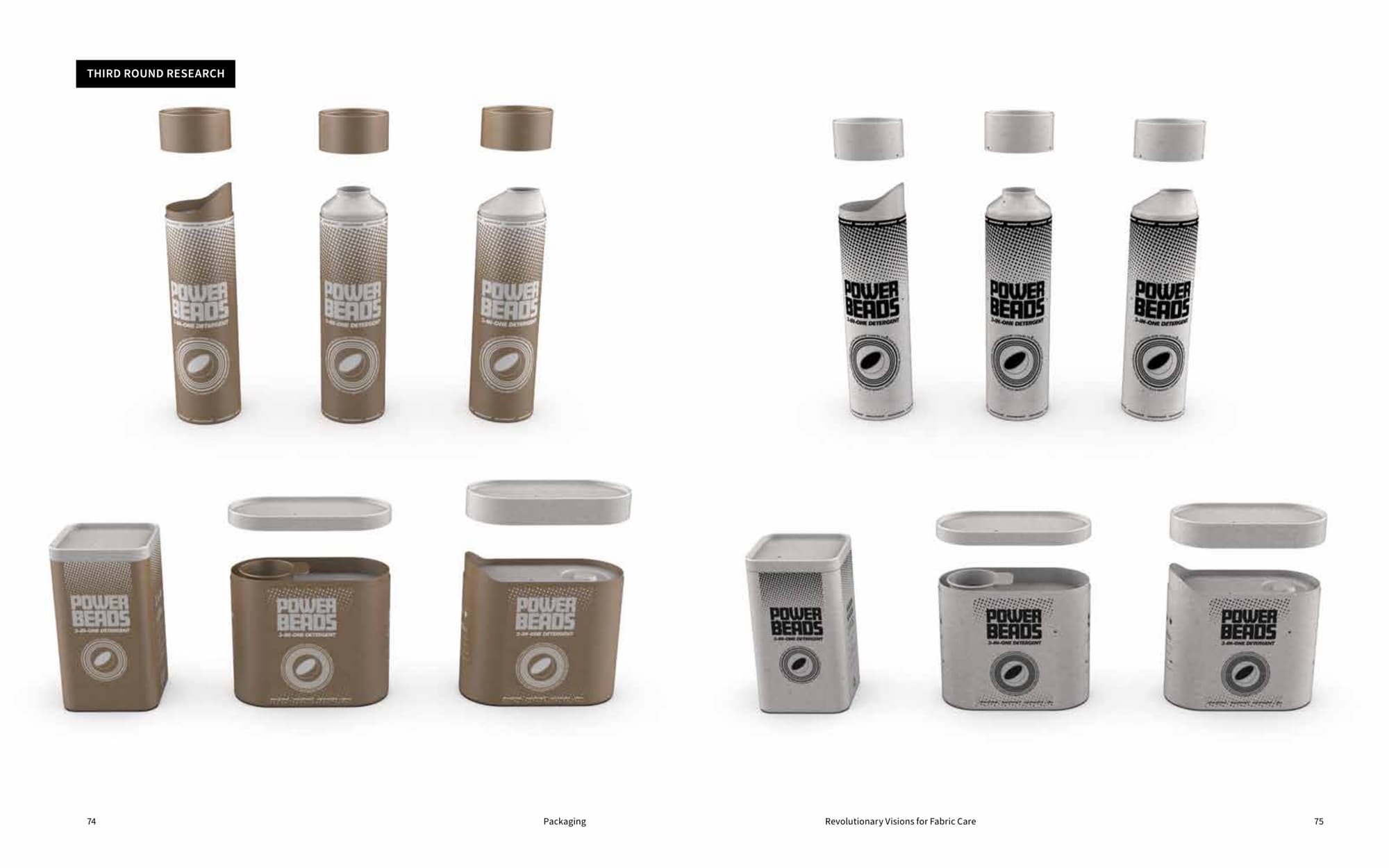 Third Round Research spread: tall variant canisters in pairs, kraft and white, marked POWER BEADS 3-IN-ONE DETERGENT, exploring proportion and material before color was layered on