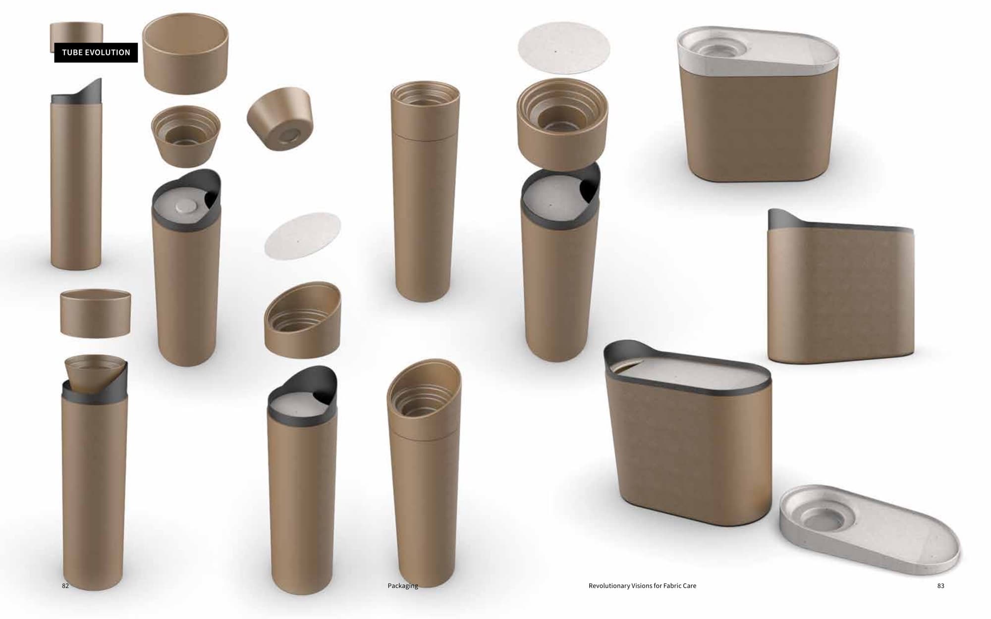 Tube Evolution spread: a sequence of kraft cylindrical canister concepts at every stage of refinement, from prototype to oval-form final, each variant photographed at the same three-quarter angle