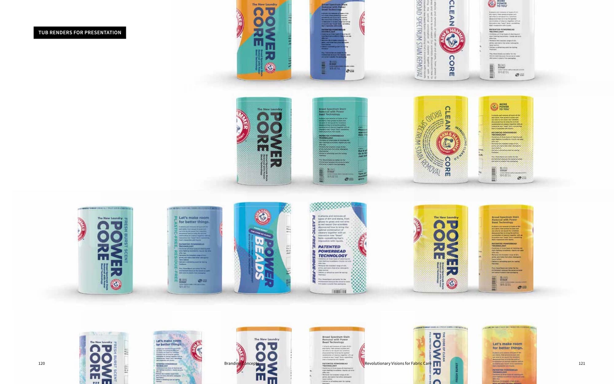 Tub Renders for Presentation: the final variant matrix, every flavor and label combination of POWER CORE and POWER BEADS laid out in a grid so leadership could see the family at full scale