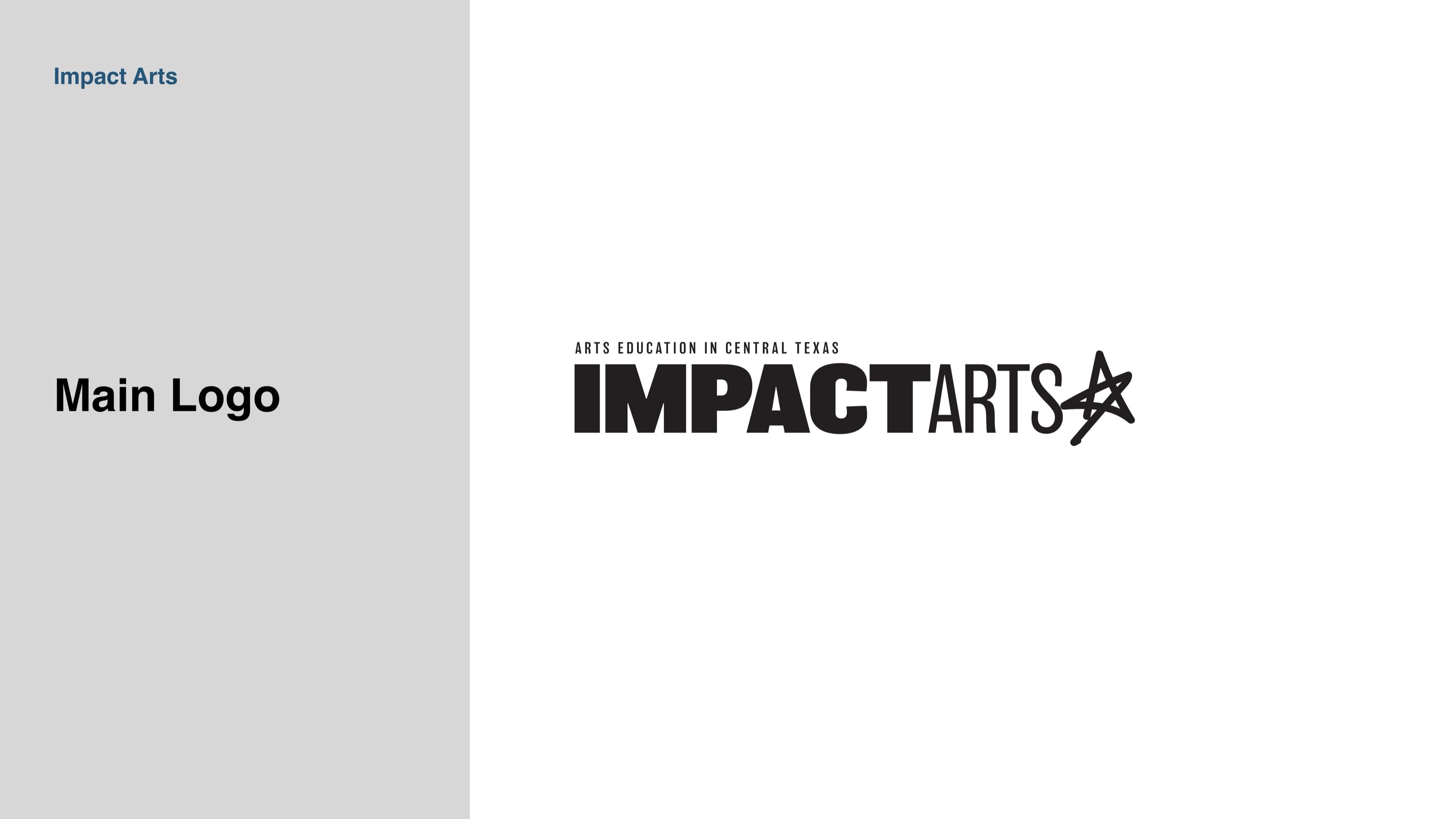 The chosen Impact Arts main logo locked up at full resolution: ARTS EDUCATION IN CENTRAL TEXAS as a kicker in tracked caps, IMPACTARTS set in chunky black display caps with the ARTS slightly smaller and recessed, and a hand-drawn five-point star scribble at the trailing edge of the wordmark.