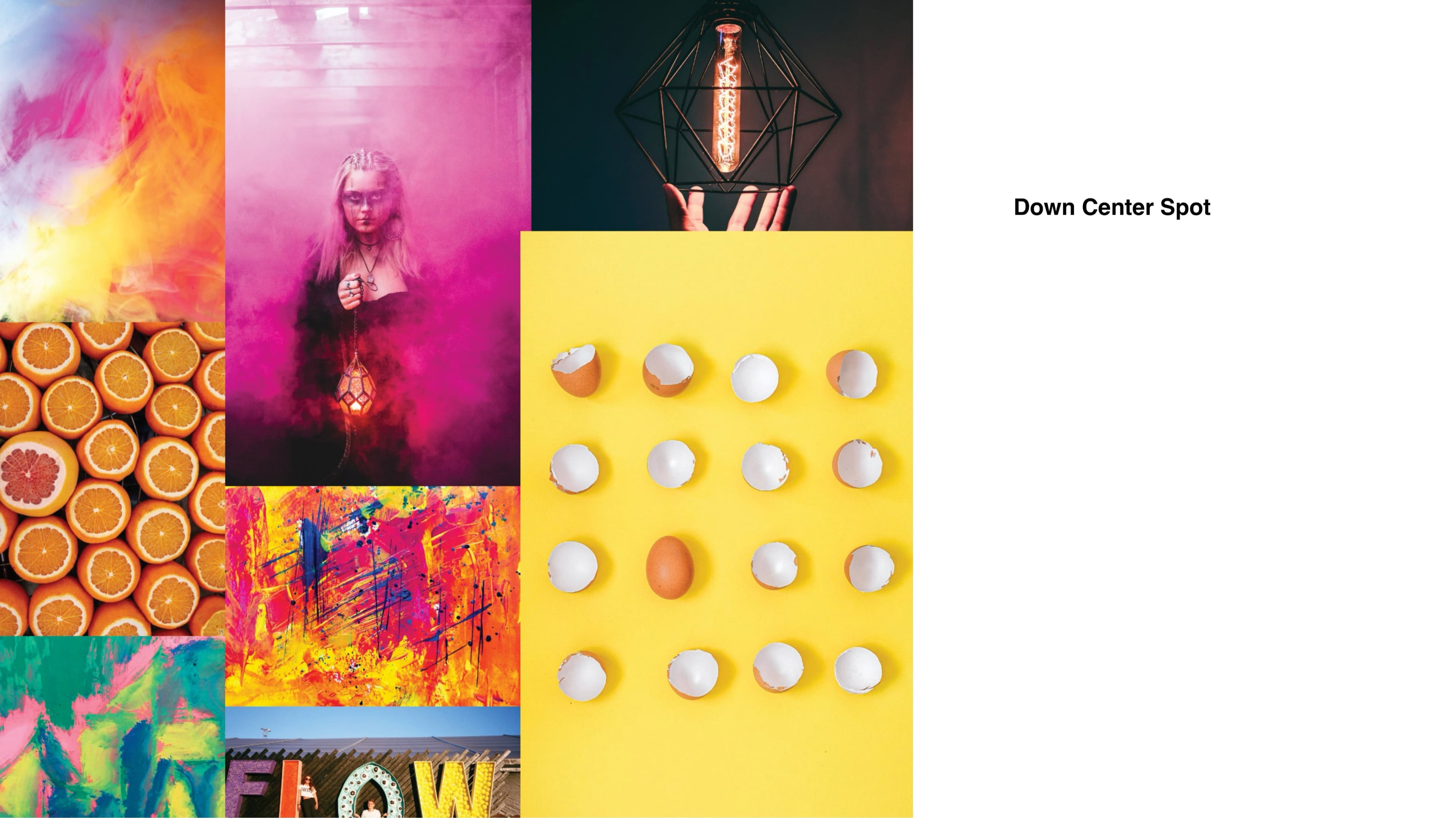 The Down Center Spot moodboard from the brand workbook: saturated, high-energy imagery tiled across the spread. Hot-pink studio lighting on a young performer, geometric pendant lamp with a citrus inside, a yellow grid of cracked eggshells surrounding a single intact egg, sliced citrus rounds in close-up, an explosion of orange-and-pink ink in water, and a wood-and-flowers tableau. 'Down Center Spot' anchors the upper right of the spread.