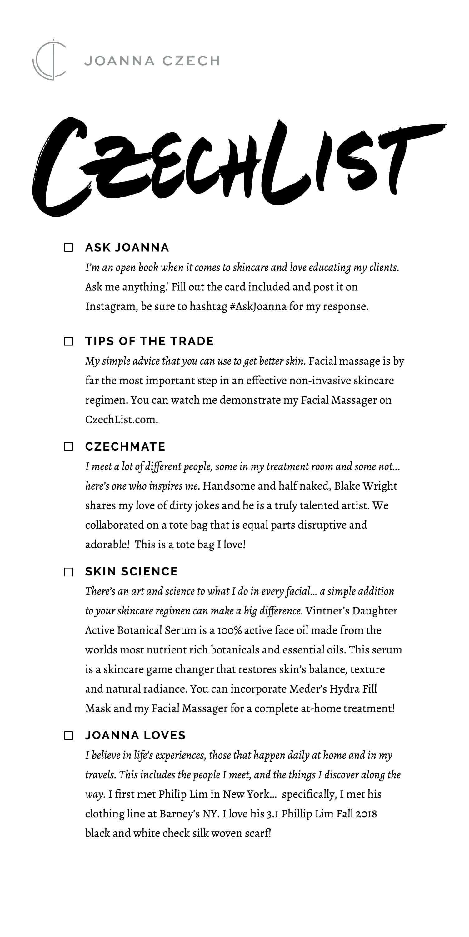 The CZECHLIST contents card: brush-script CZECHLIST headline at the top, then five checklist items (ASK JOANNA, TIPS OF THE TRADE, CZECHMATE, SKIN SCIENCE, JOANNA LOVES), each with a short paragraph in Joanna's voice setting the tone for the section.