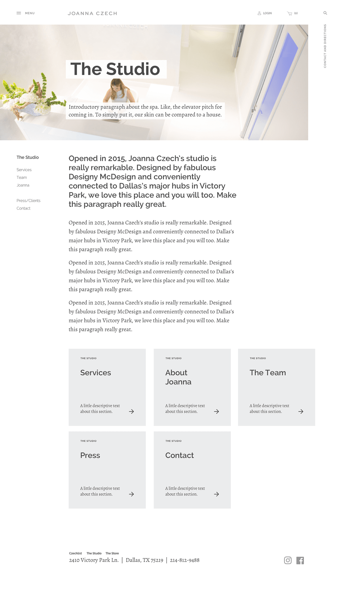 A long-form Studio page in the new system: cover photo of the Dallas studio, the Studio header set in restrained serif, three intro paragraphs at the top, and a tile grid below linking to Services, About Joanna, The Team, Press, and Contact