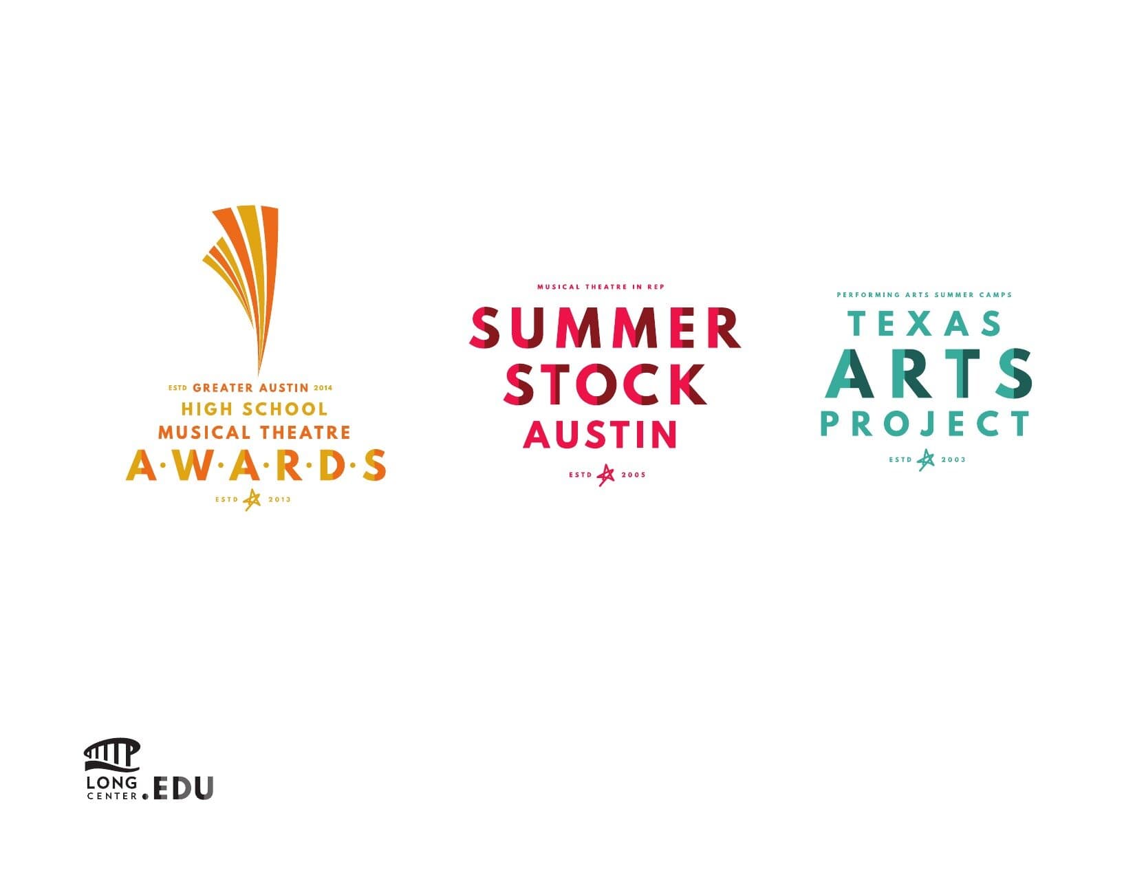 Three program marks side by side on a white ground: the High School Musical Theatre AWARDS lockup with its orange fanned-beam icon and gold A·W·A·R·D·S type; SUMMER STOCK AUSTIN in red display sans with 'Musical Theatre in Rep' as a small kicker; TEXAS ARTS PROJECT in teal with 'Performing Arts Summer Camps' set above. The LongCenter.EDU master mark (a stylized arched bridge silhouette with the dot-EDU lockup) anchors the bottom-left.