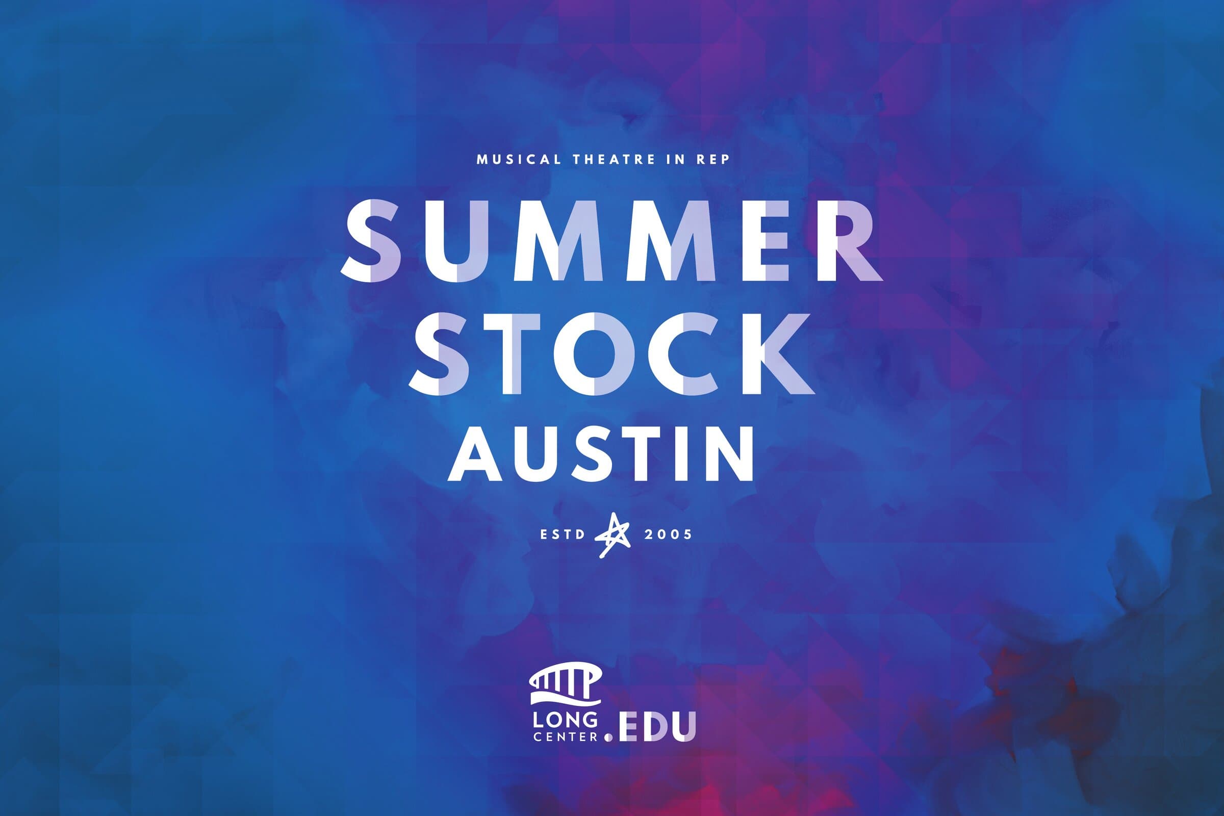 Summer Stock watercolor poster: cobalt blue ink wash transitioning to magenta in the lower right with the white Summer Stock Austin lockup centered.