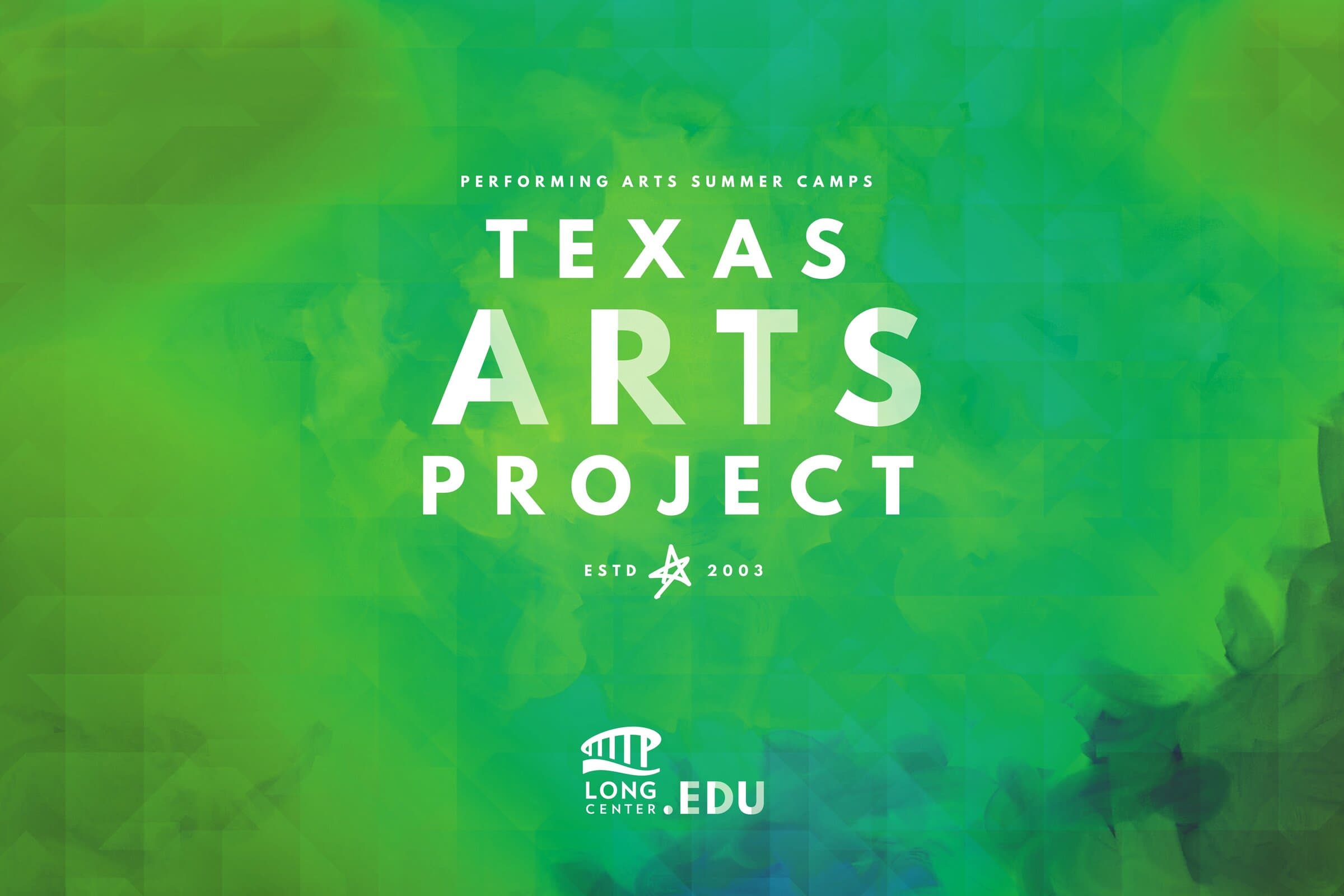Texas Arts Project watercolor poster: bright green ink wash transitioning to teal with the white Texas Arts Project lockup centered.