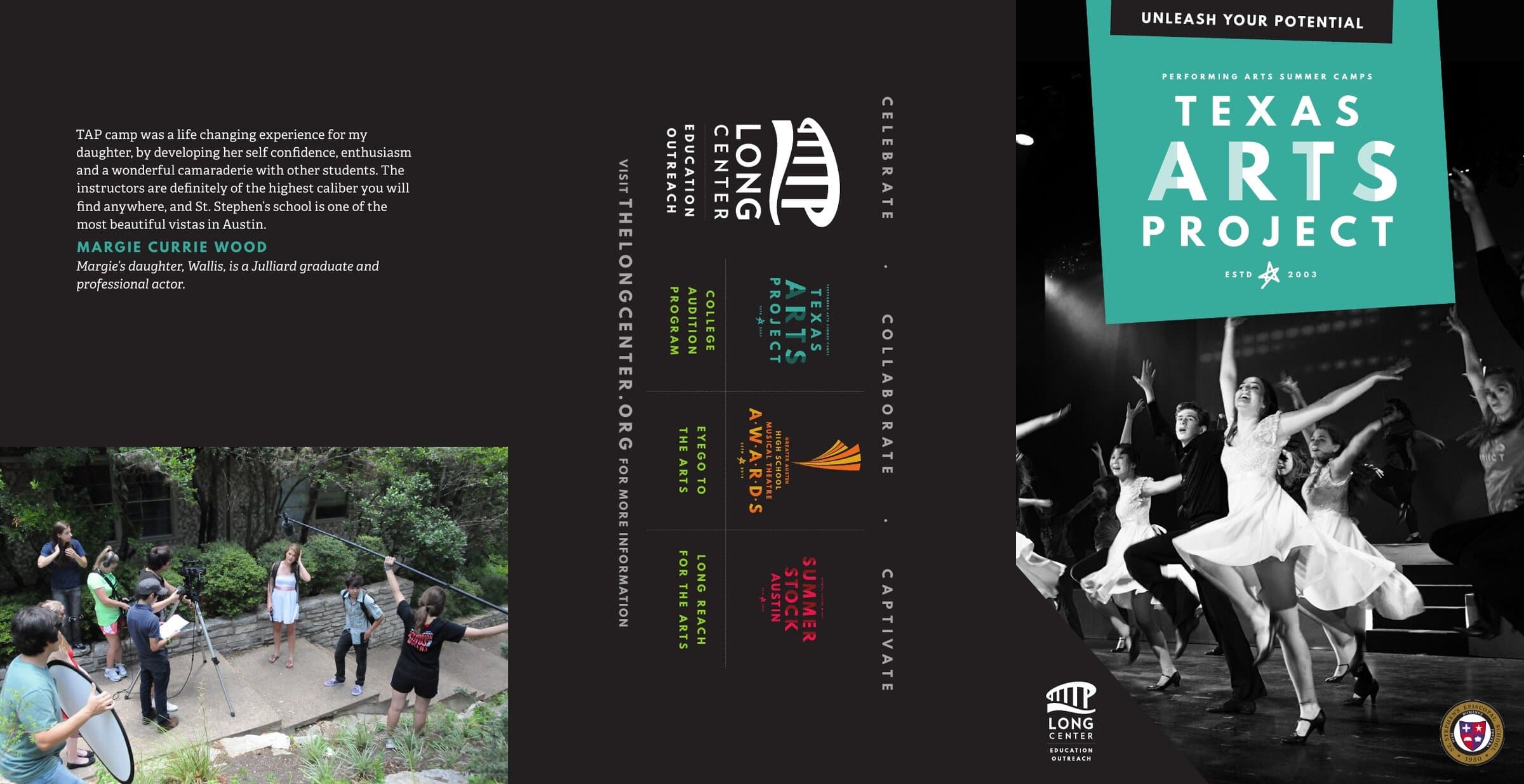 The trifold cover: closed and open. The cover panel features the green Texas Arts Project poster with 'Unleash your potential' as a kicker. The open side shows a black-and-white candid of TAP students filming with a boom mic, paired with the Awards stripe icon and the program-chip rail down the spine.