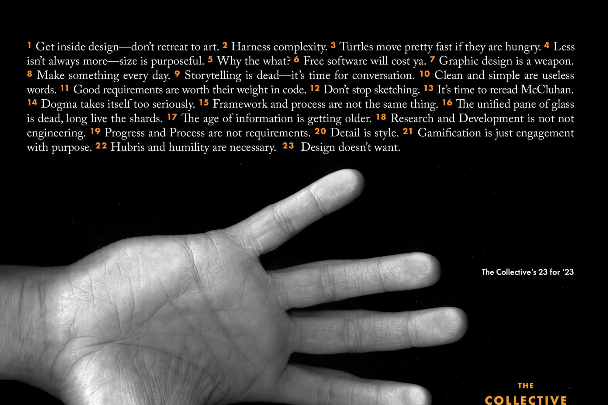 A hand on a black field: the manifesto's quiet companion image