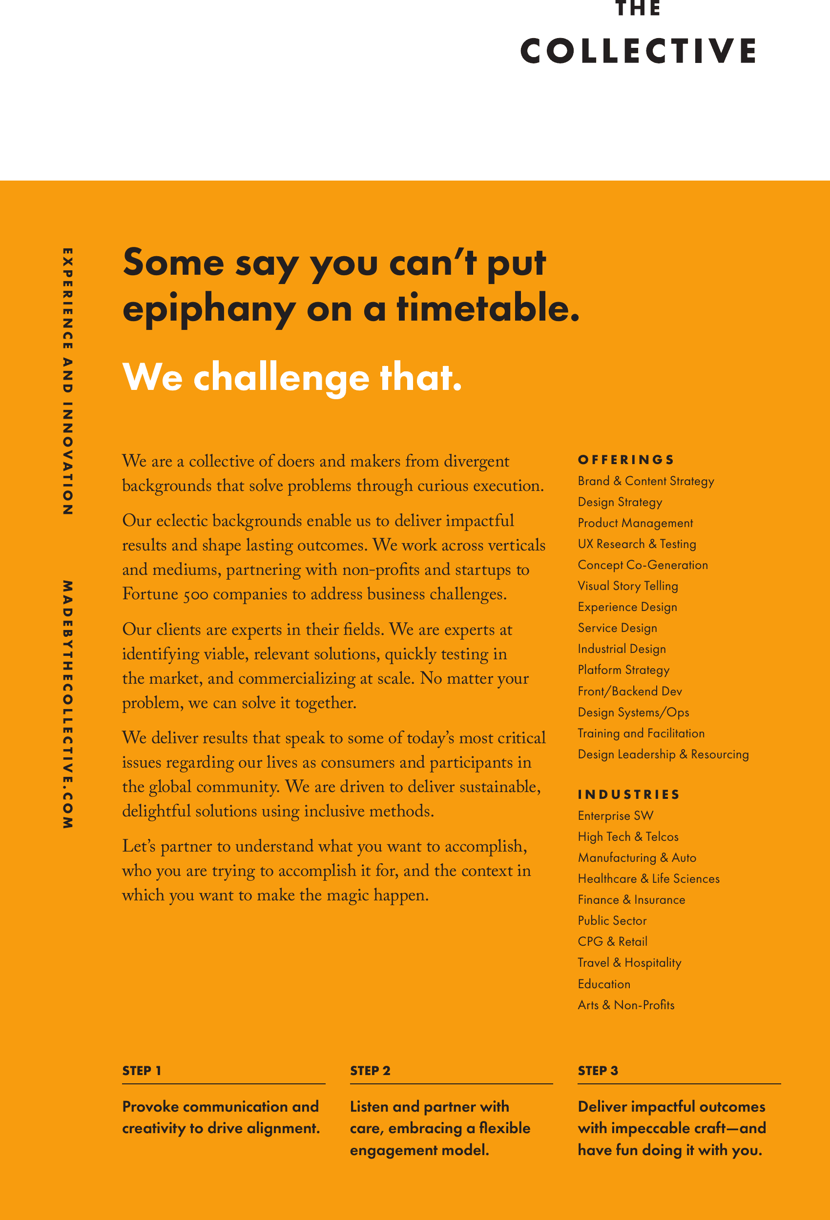 About The Collective: mustard side panel with a centered pull-quote against the brand grid