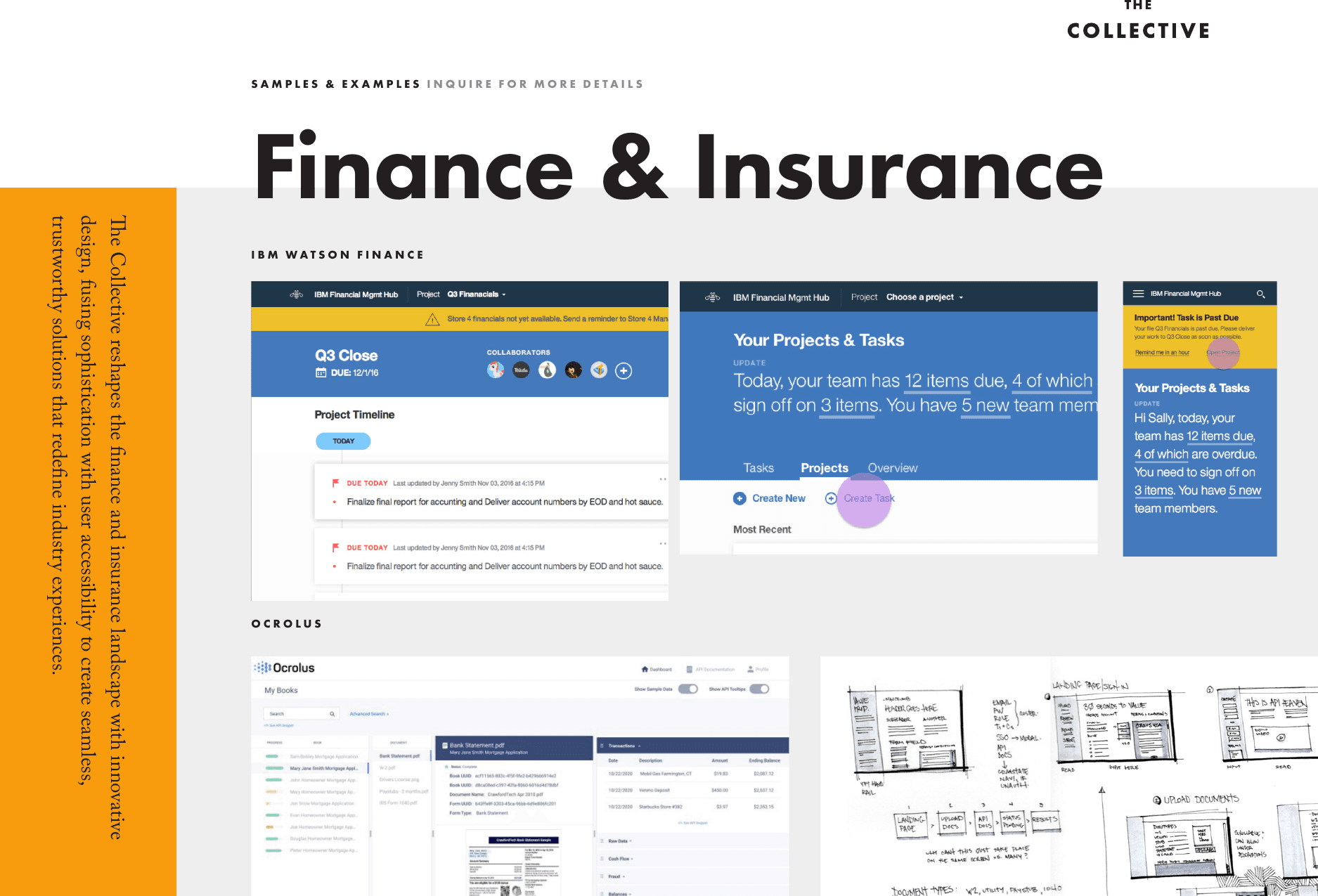 Portfolio interior page: Finance and Insurance section opener with sample work tiles