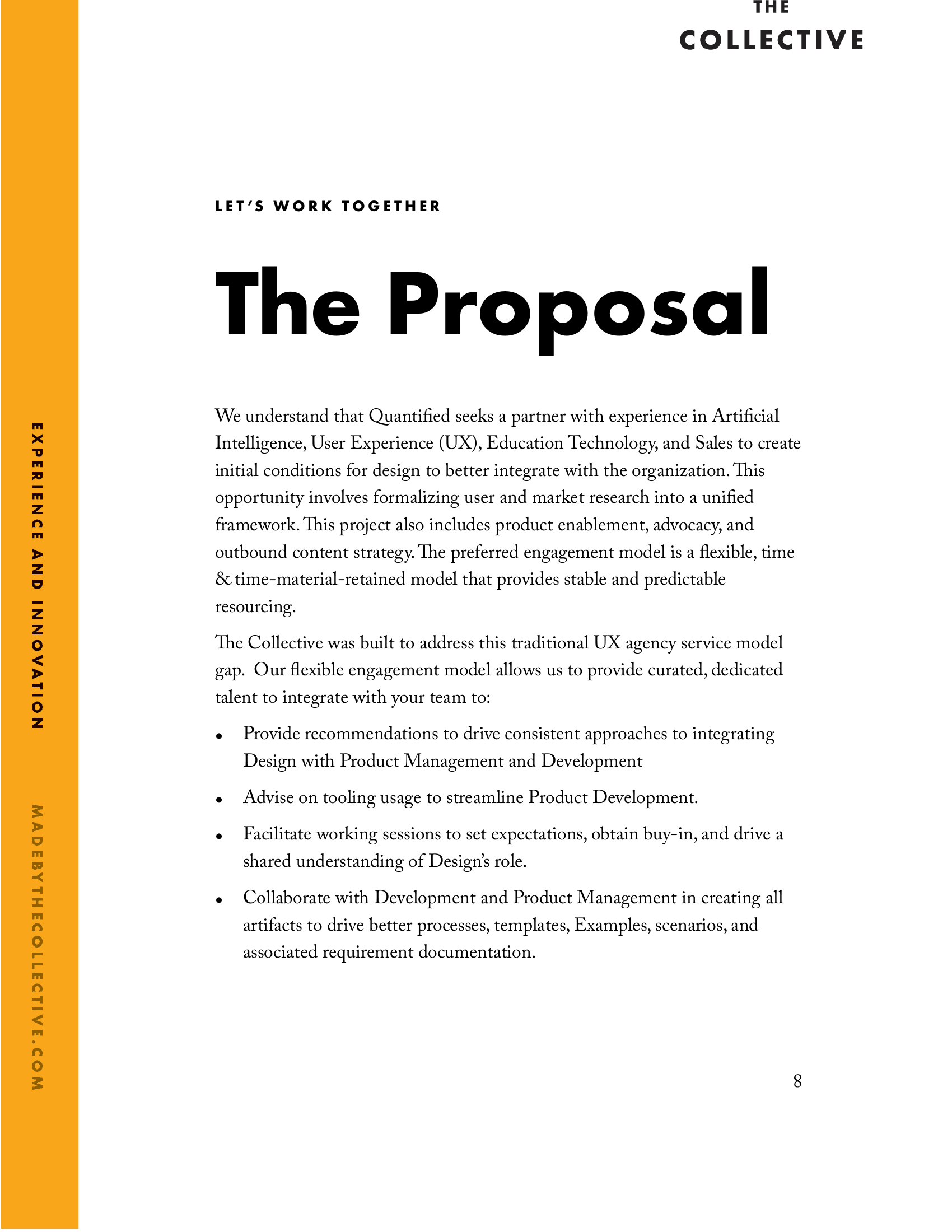 Proposal interior page: 'The Proposal' editorial spread with running headers and a mustard side rail