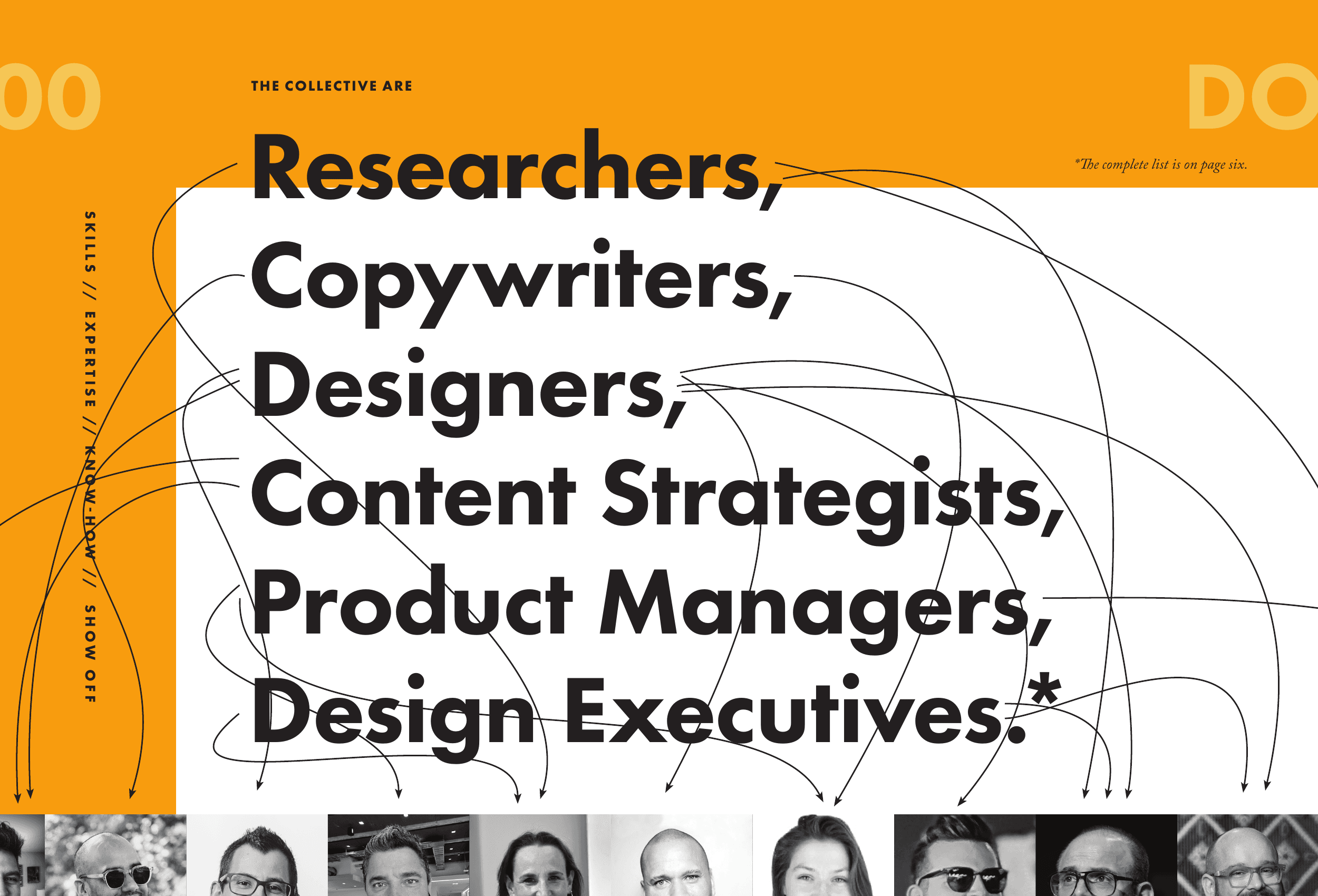 The Collective Are: a deck spread setting six job titles in tight black sans-serif on a white field with a mustard side panel and hand-drawn connection curves linking each title to a row of team portraits below