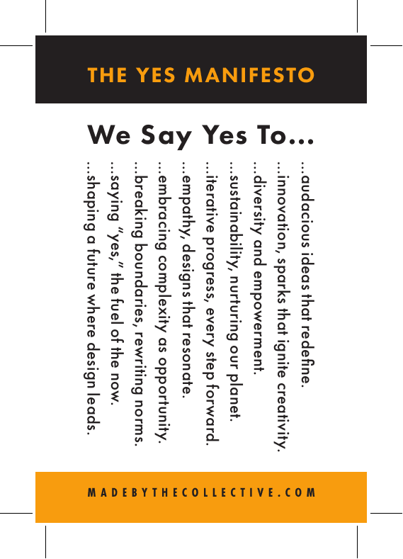 The Yes Manifesto card: printed list of values rotated against a grid
