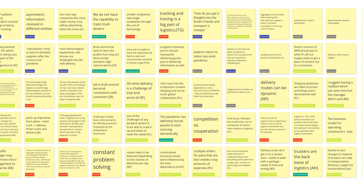 A wall of yellow sticky notes from the logistics studio, research synthesized into clusters of insight