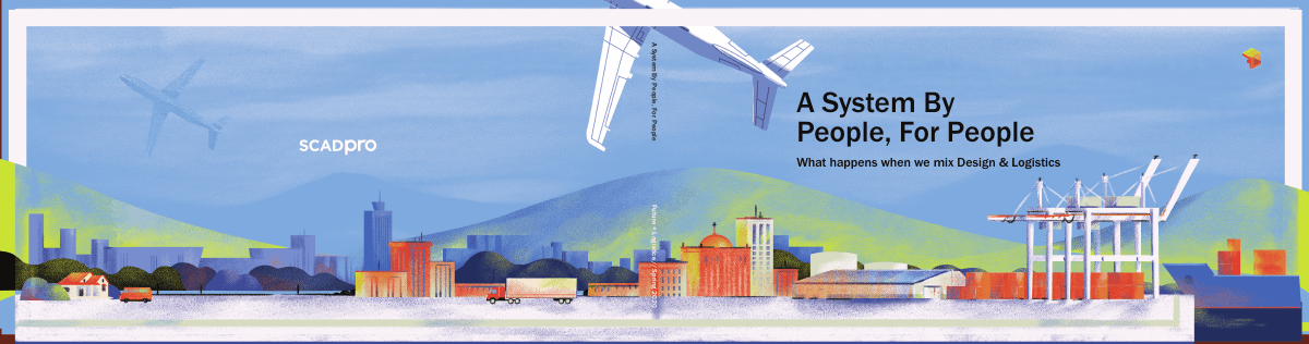 The Future Logistics process-book cover: an illustrated wrap from city skyline to shipping port under the line 'A System By People, For People'