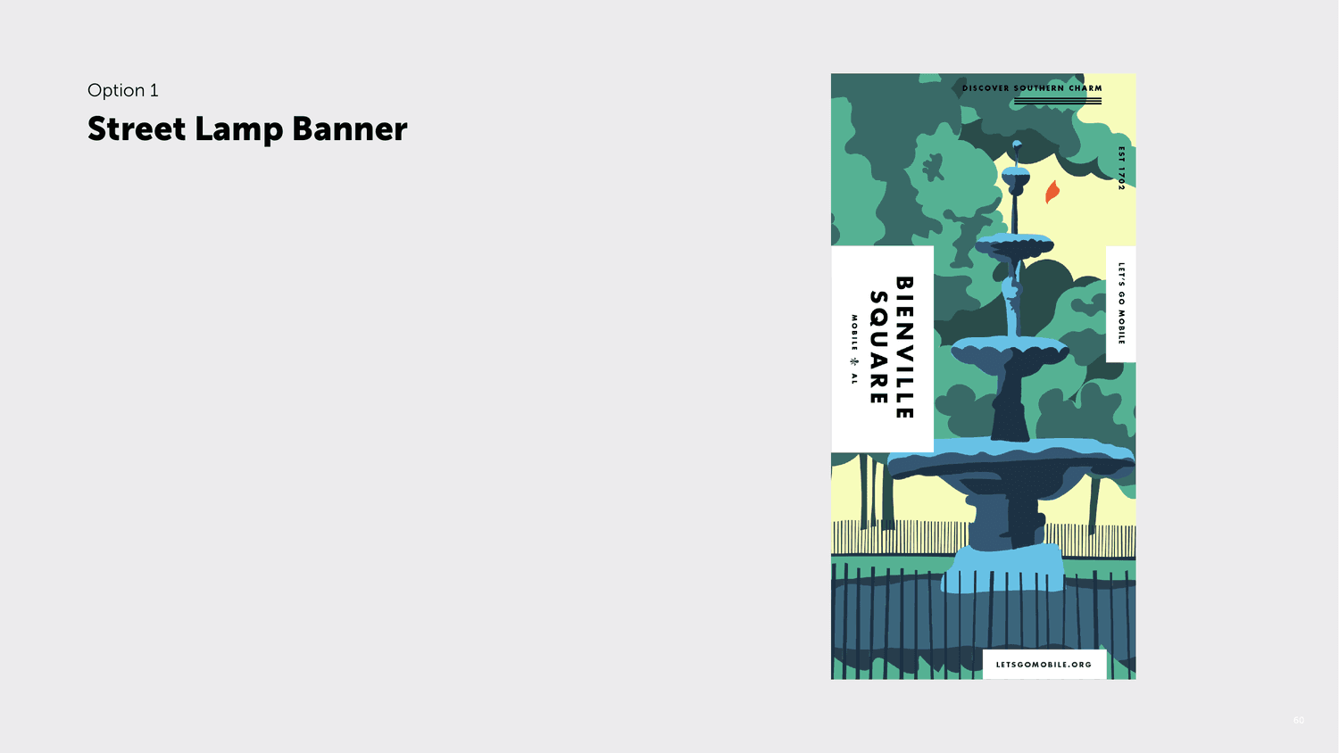 A street-lamp banner mockup for Bienville Square in the city's new wayfinding livery