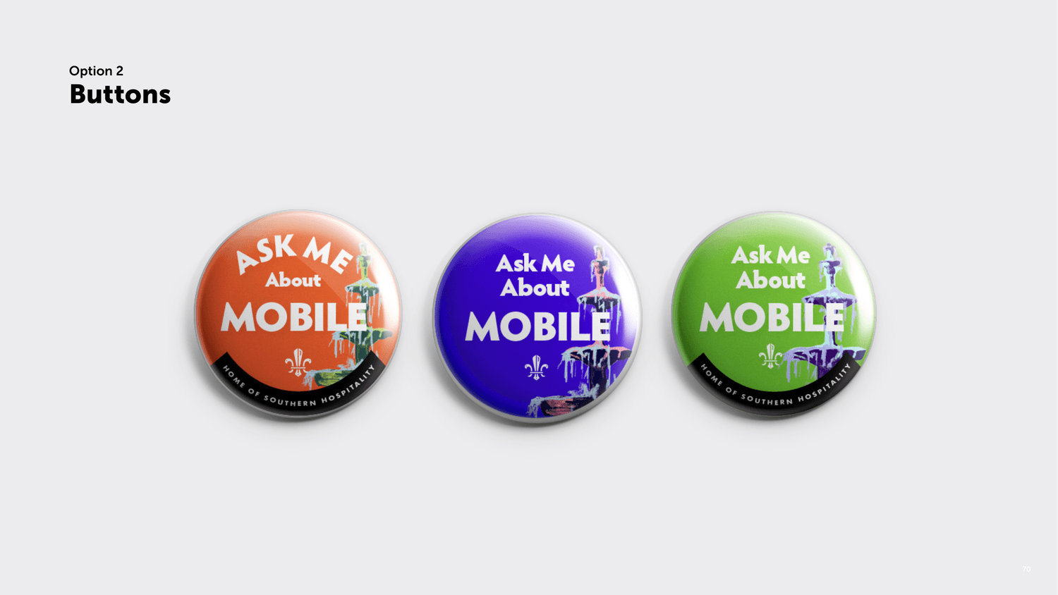 The 'Ask Me About Mobile' ambassador buttons in three colorways