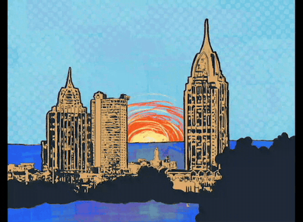 A vintage 'Greetings from Mobile' postcard animating over the city skyline at sunset, opening the wayfinding presentation